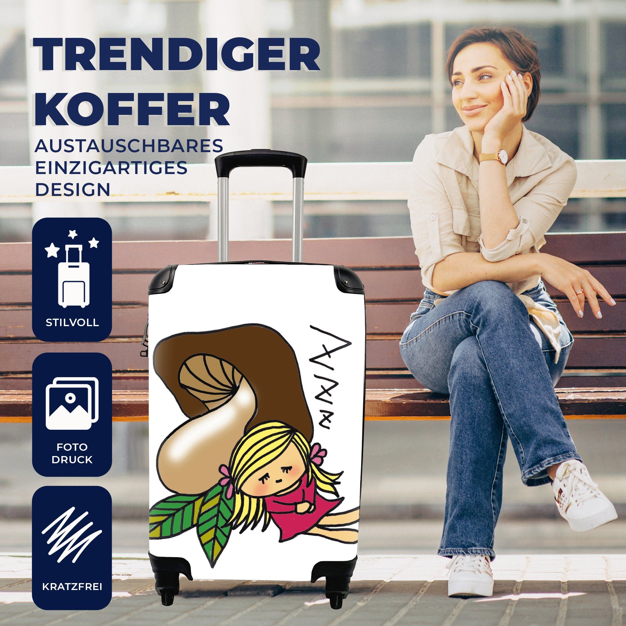 Handgepäck MuchoWow für schlafenden mit rollen, Reisekoffer einem Pilz vor Rollen, Ein mit 4 Ferien, Trolley, Handgepäckkoffer Reisetasche Mädchen Augen,