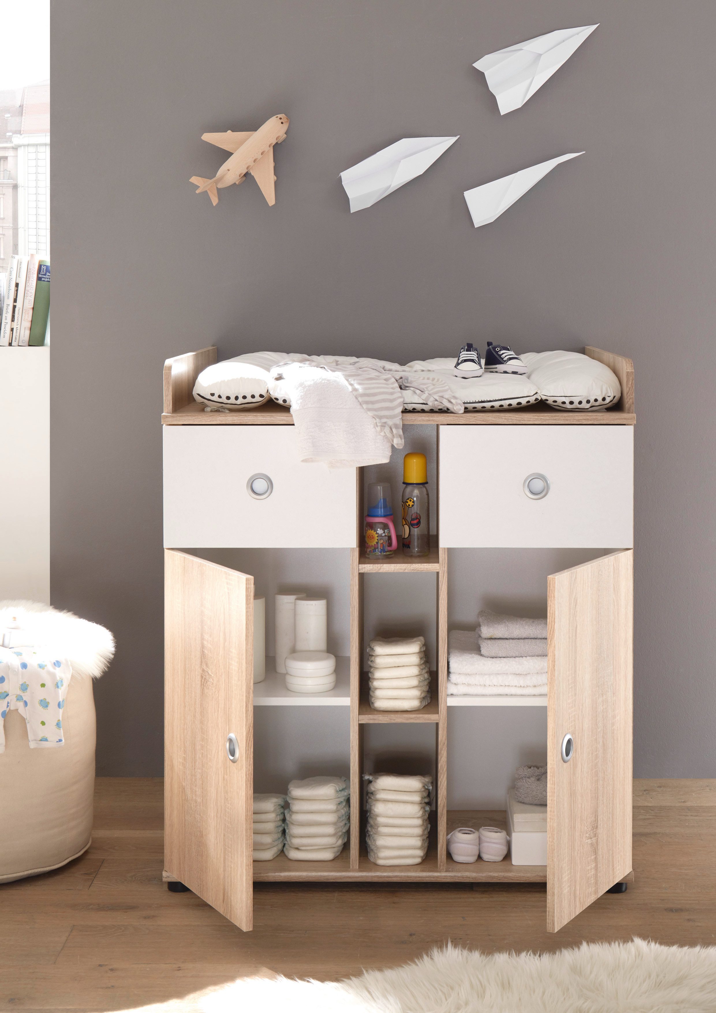 möbel-direkt.de Complete Baby Room Set Wiki, (Value Set, 4-piece, wardrobe, baby bed, slatted frame, changing table, freestanding shelf), Made in Europe