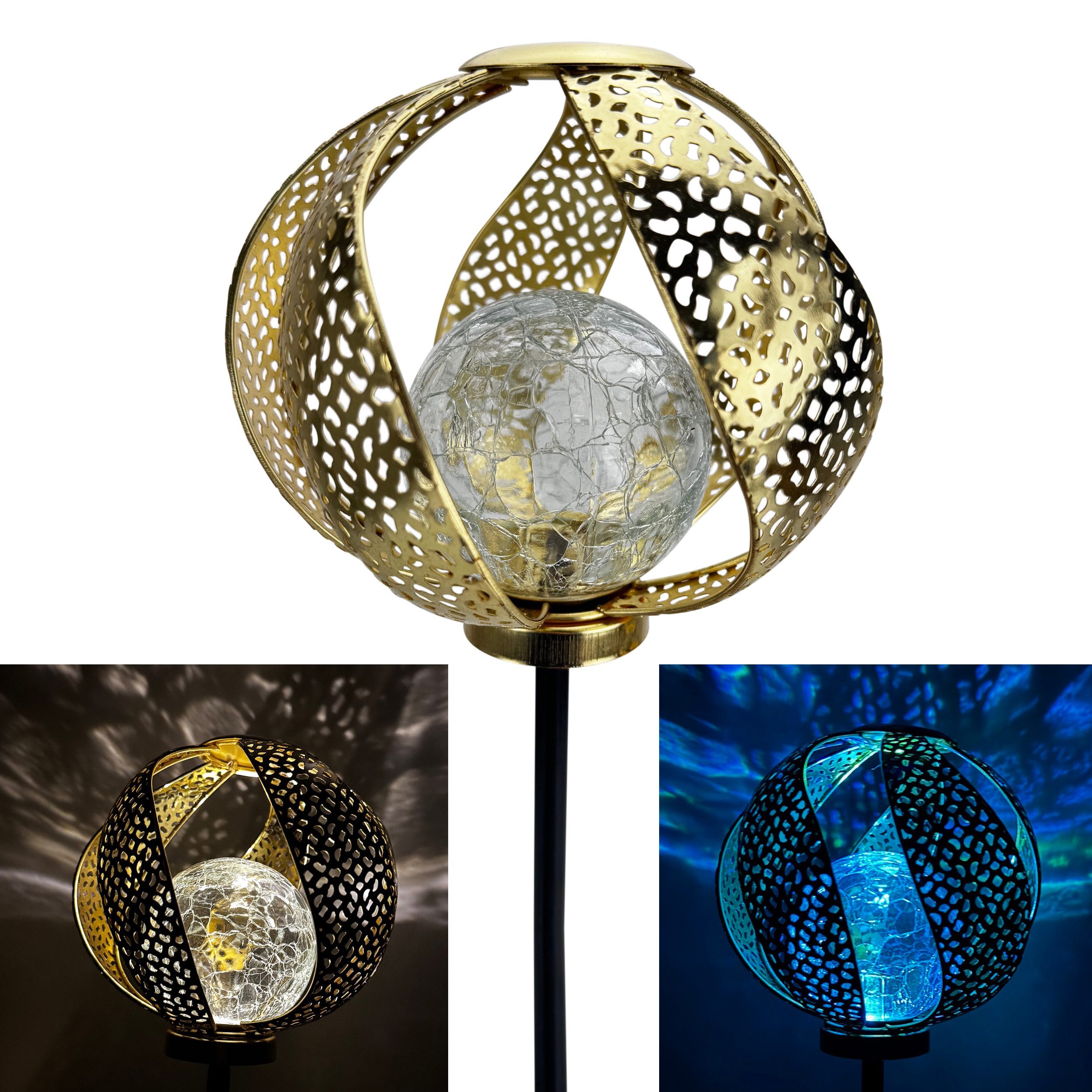 Online-Fuchs Gartenstecker aus Metall mit Glaskugel in Bruchglasoptik und LED-Solarbeleuchtung (Silber oder Gold, warmweiße Beleuchtung oder seichter Farbwechsel) beeindruckende Dekoration für Ihren Garten, Terrasse oder Balkon