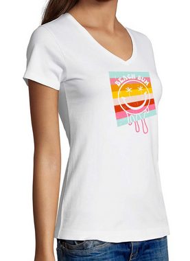 MyDesign24 T-Shirt Damen Smiley Print Shirt - Lächelnder Smiley Beach Bum V-Ausschnitt Baumwollshirt mit Aufdruck Slim Fit, i291