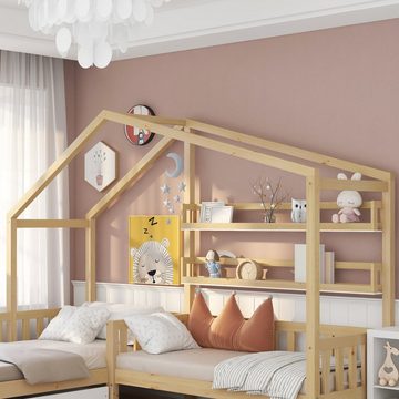 SOFTWEARY Hausbett Kinderbett mit 2 Schlafgelegenheiten und Lattenrost (90x200cm/70x140cm), Holzbett aus Kiefer