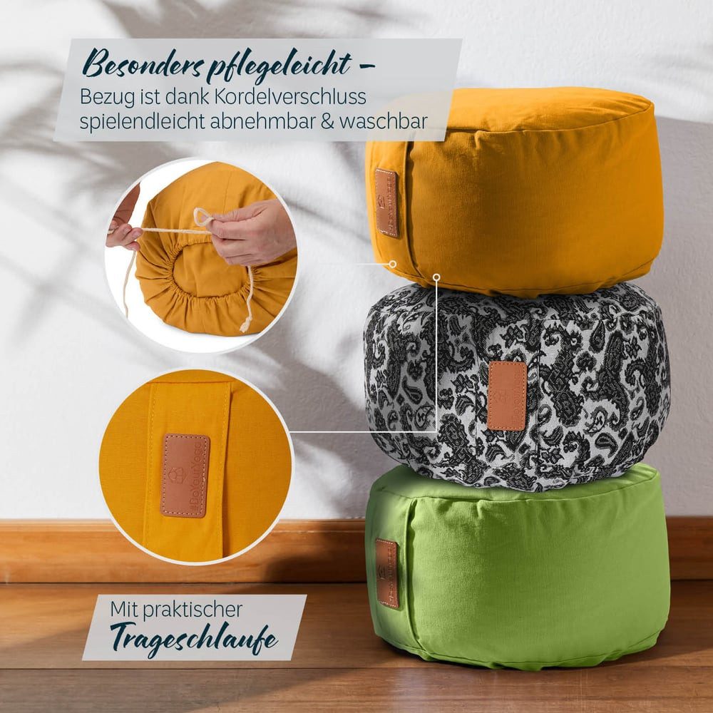 #DoYourYoga Yoga Bolster Kissen Vishnu - gefüllt mit Bio-Buchweizenschalen, - Rund 30 x 30 x 15 cm - Currygelb