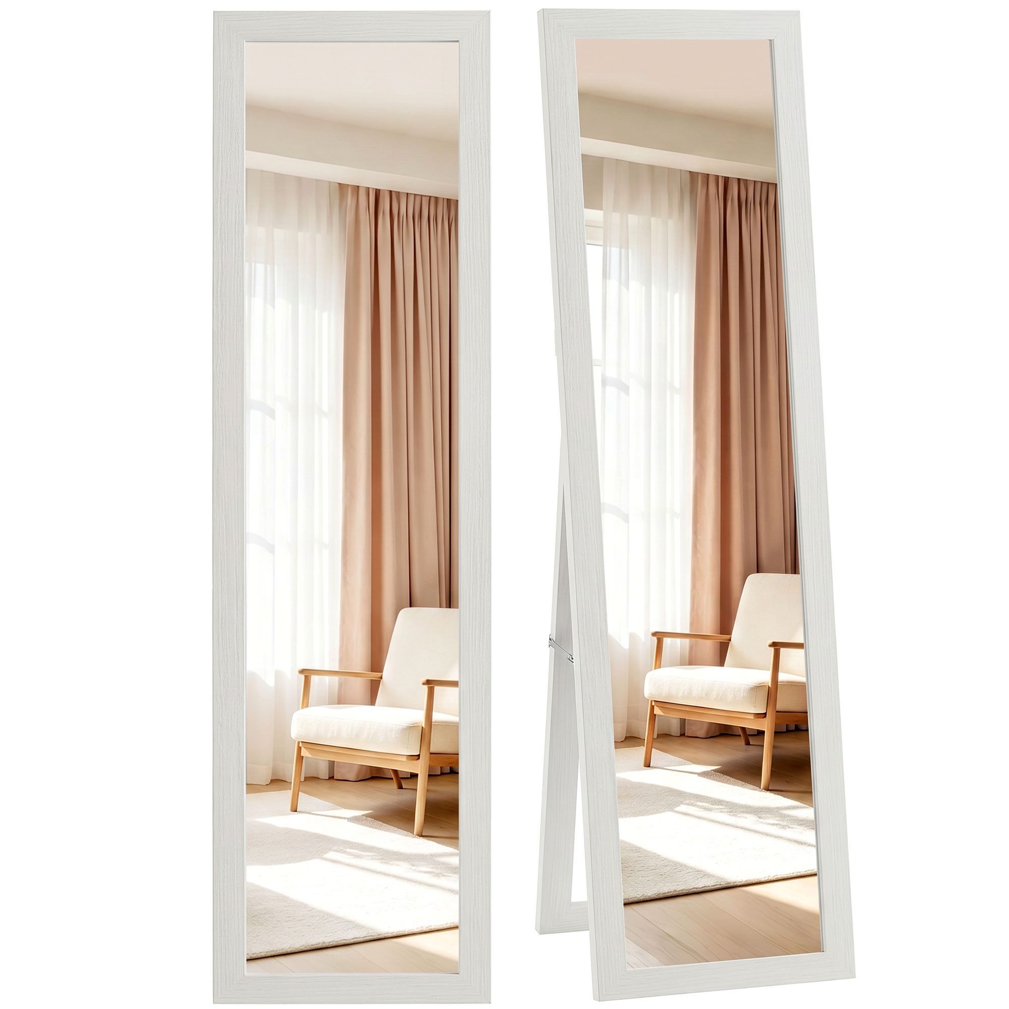HOMCOM Standspiegel Ganzkörperspiegel Rechteckig, Holzoptik, groß, für Flur, Wohnzimmer (Stehspiegel, 1-St., Wandspiegel), für Wohnzimmer, Schlafzimmer, Weiß