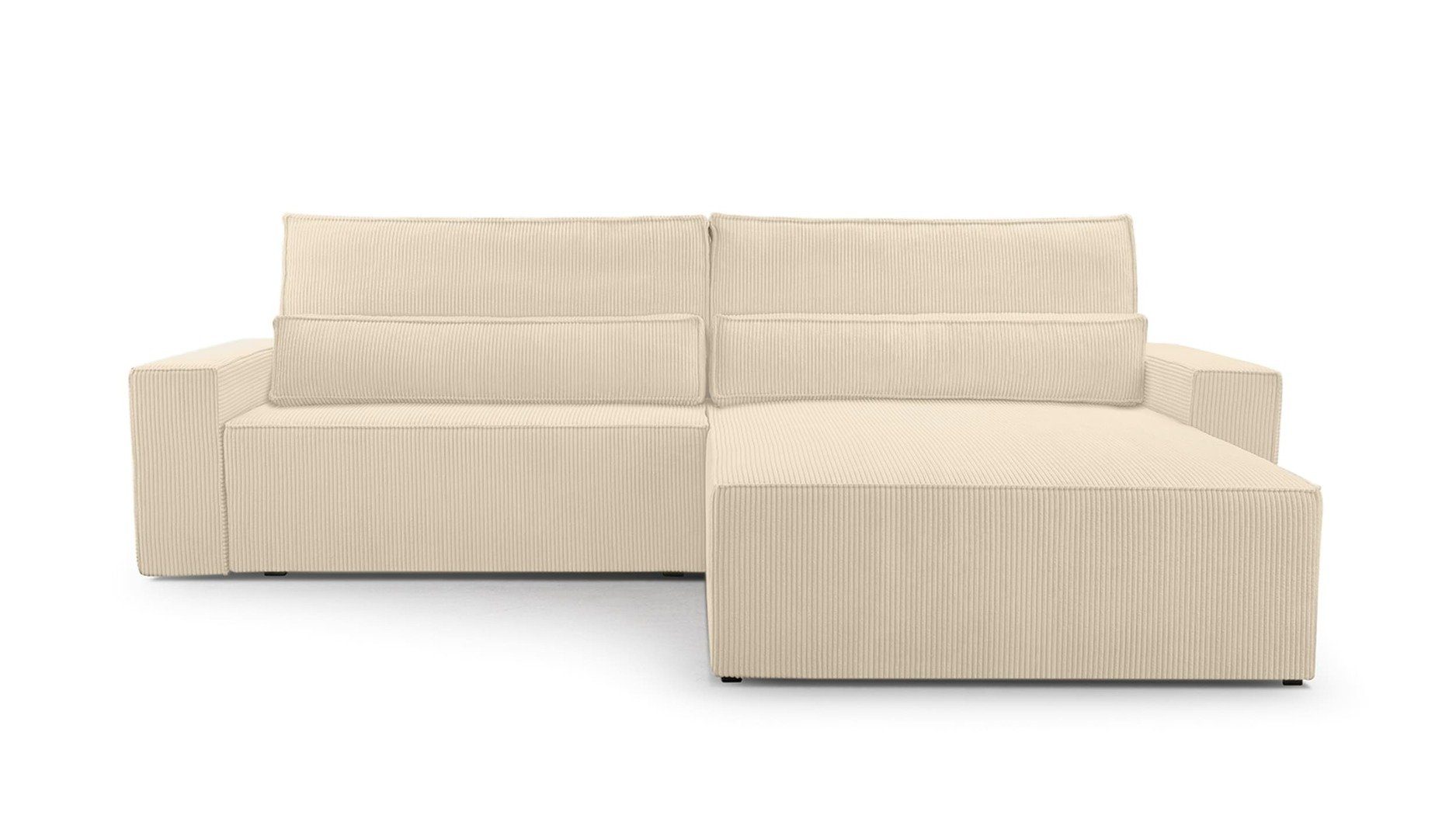 MOEBLO Ecksofa DENVER, mane beidseitig montierbar Couch Cord für Wohnzimmer Schlafsofa Sofagarnitur Sofa Eckcouch L-Form Cordstoff - 297x85x185cm, mit Schlaffunktion und Bettkasten Beige (Poso 105)