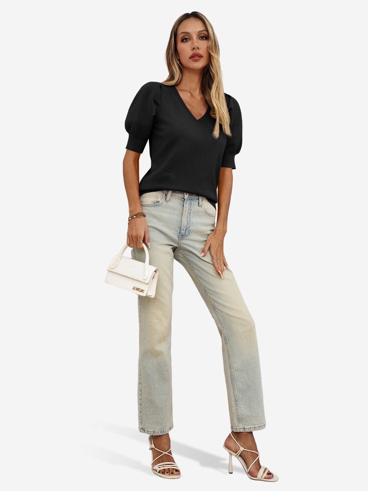 Imily Bela Stricktop Damen Halbarm Puffärmel V-Ausschnitt Top Stricken Sommer Casual (Packung, 1-tlg., 1per-Pack) gehäkelt in Unifarbe