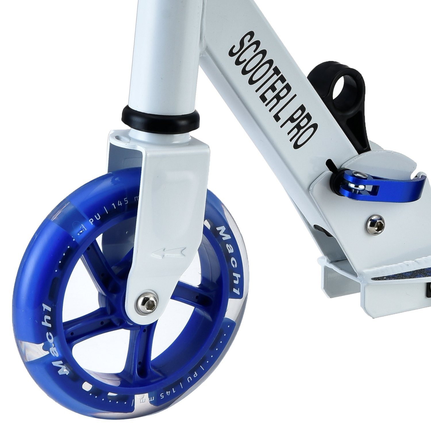 Cityroller ALU Kick Tretroller 145mm weiß-blau Kinderroller mit Mach1 Wheel/Rollen/Reifen Scooter LED klappbar - Leuchtrollen Roller Kickscooter City