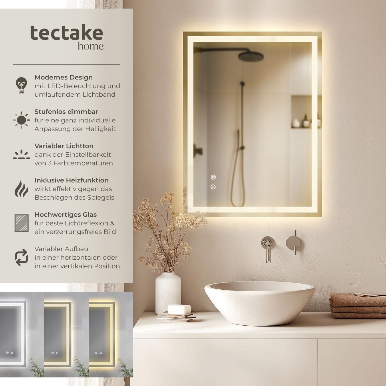 tectake LED-Lichtspiegel Rechteckiger LED Badezimmerspiegel (1-St., 1), Kein Beschlagen dank praktischer Spiegelheizung