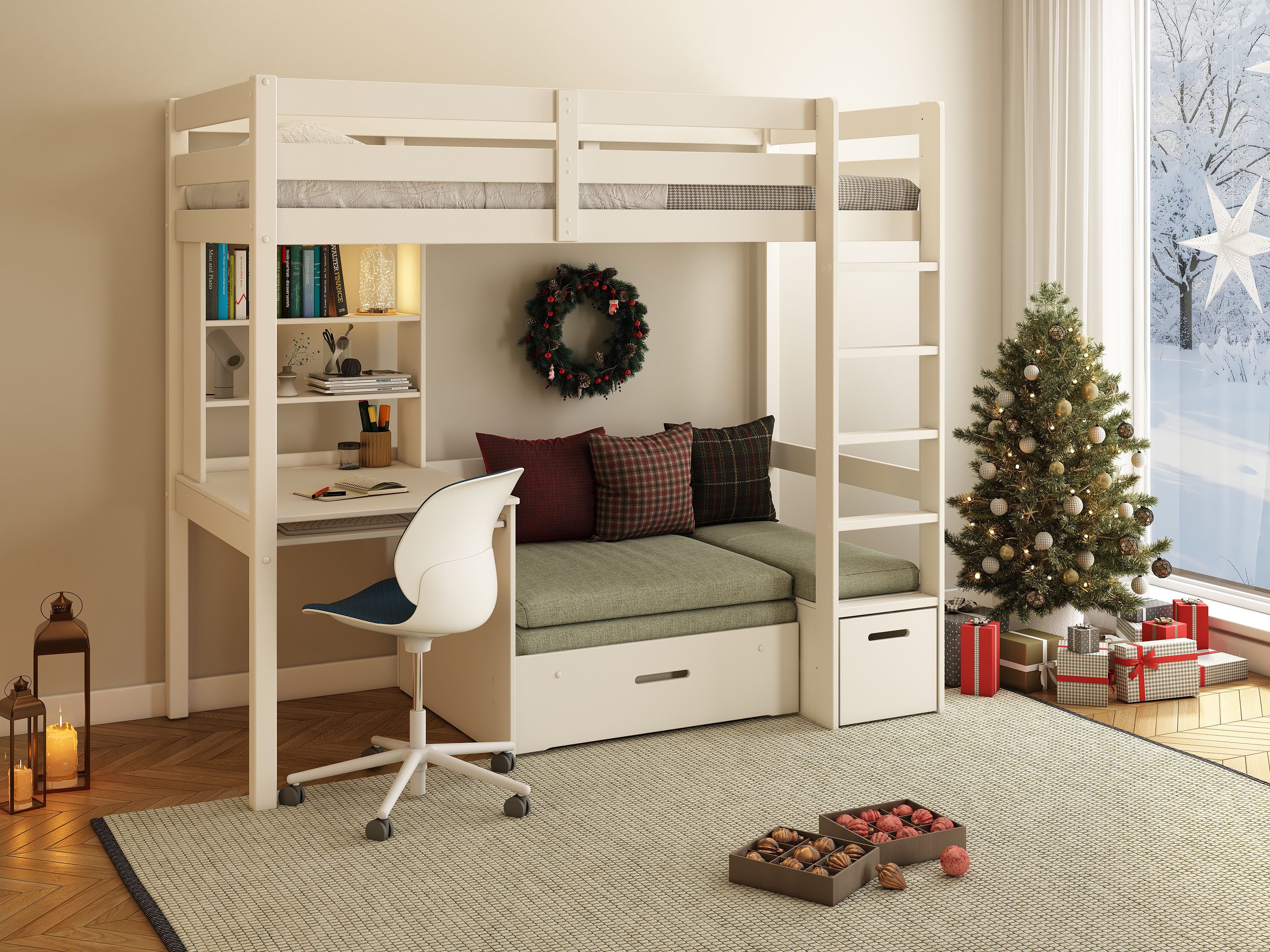 OTTO home Etagenbett HENNE' TOPSELLER! Hochbett, Ideal für kleine Räume, 2 Schlafplätze (zweiter Schlafplatz ausziehbar, B/H/T ca. 208/180/105cm), mit Polsterauflagen+ Schreibtisch + Stauraum, mehrere Farben