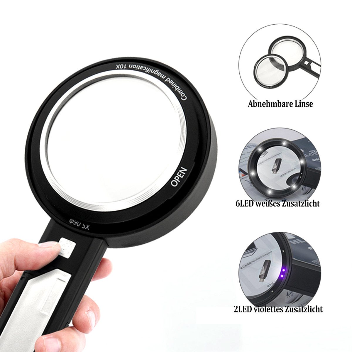 KINSI Handlupe 5X Handlupe mit 6 LED, UV-Geldprüfung, Dualobjektiv, Leselupe, Geschenk für Eltern und Kinder, optisch gehärtete Acryllinse