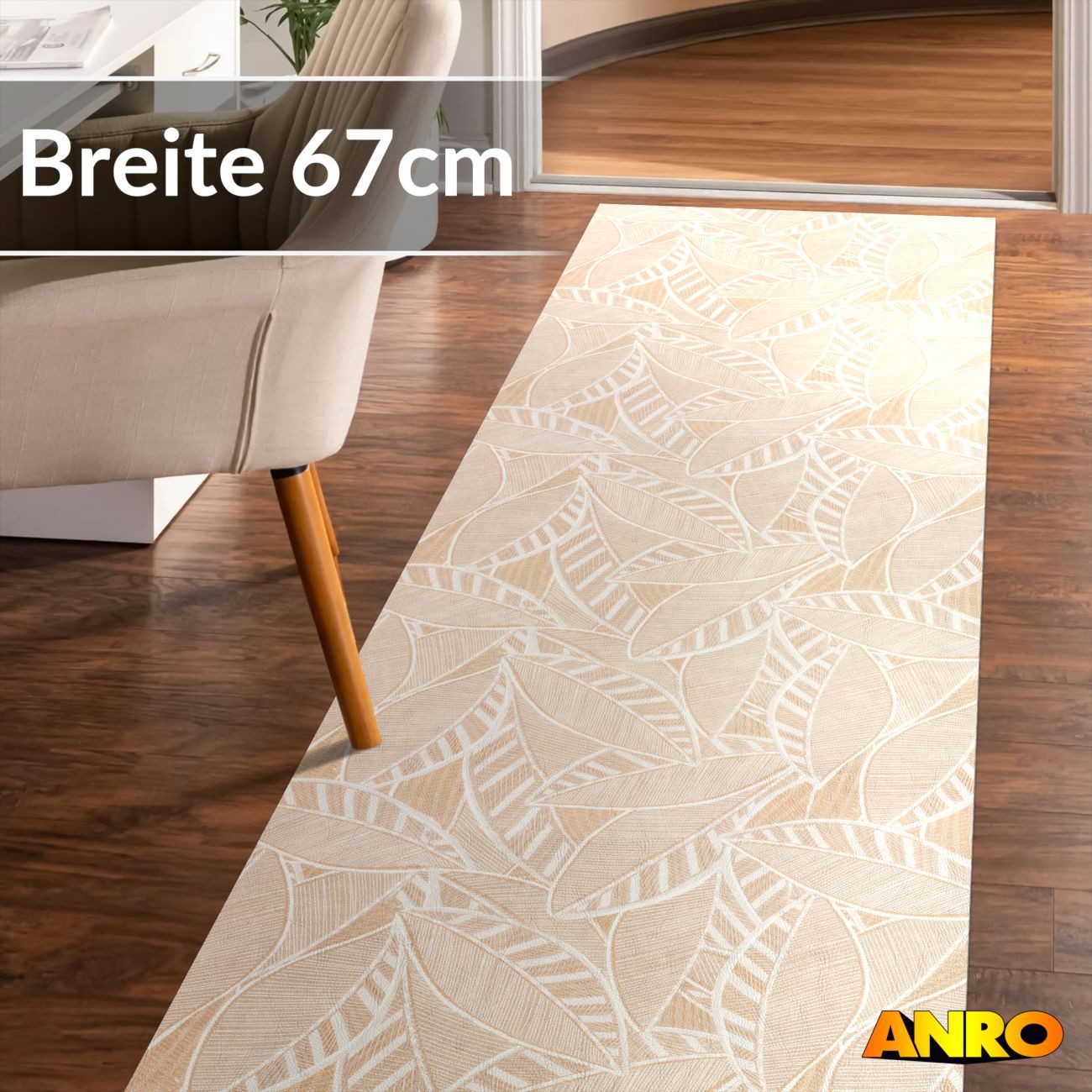 ANRO Küchenläufer abwaschbar Blätter LADY Läufer stark pflegeleicht Küchenteppich, Rechteckig, Höhe: 3 mm, robust schmutzabweisend 67x100cm Botanical Beige robust
