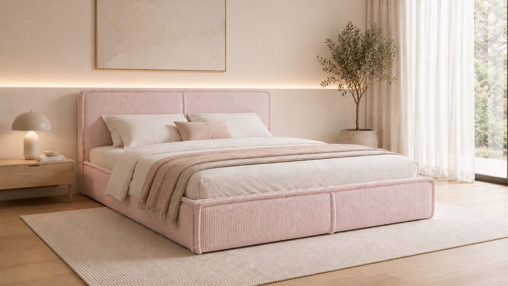 MOEBLO Polsterbett BETT 04 (Bezug: aus Cord, Doppelbett mit Kopfstütze, Rahmenbettgestell 140x200, mit Bettkasten und Lattenrost), mit Bettkasten