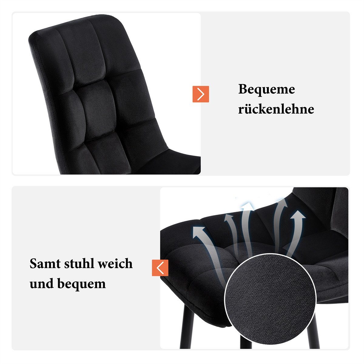 Metall,Leicht Gestell Samt Sitzfläche aus Set Esszimmerstühle,Polsterstuhl Rückenlehne, Schwarz Esszimmerstuhl montieren Küchenstuhl 4er zu mit XDeer aus