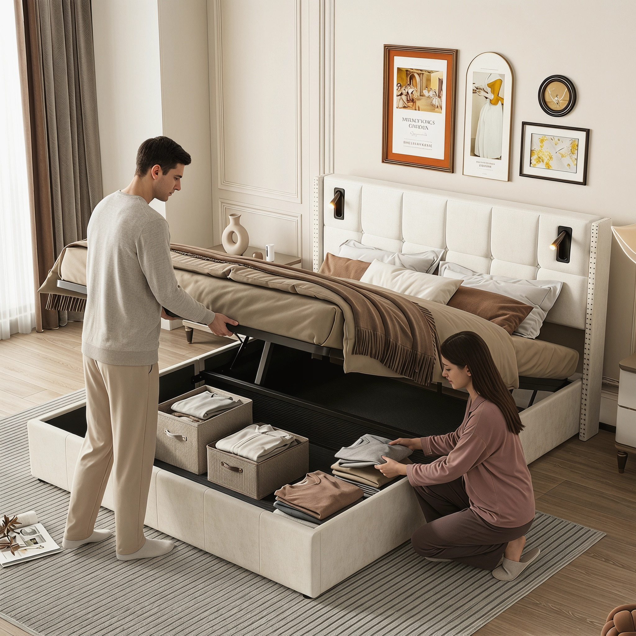 PXloue Stauraumbett Polsterbett Doppelbett, mit bettkasten und Lattenrost,Samtstoff,Leselicht,160x200 cm – Bild 2 von 5