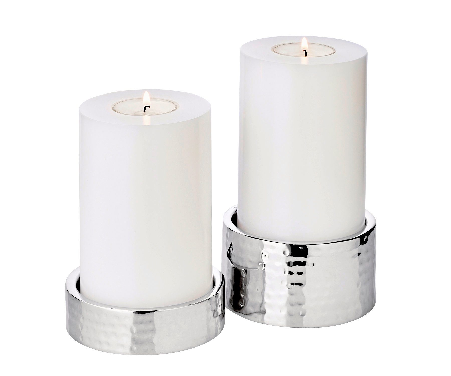EDZARD Kerzenständer Luca, Höhe 2,5/5 cm, Ø 9,5 cm, Kerzenleuchter aus  hochglanzpoliertem Edelstahl, Kerzenhalter für Stumpenkerzen, gehämmerte  Silber-Optik