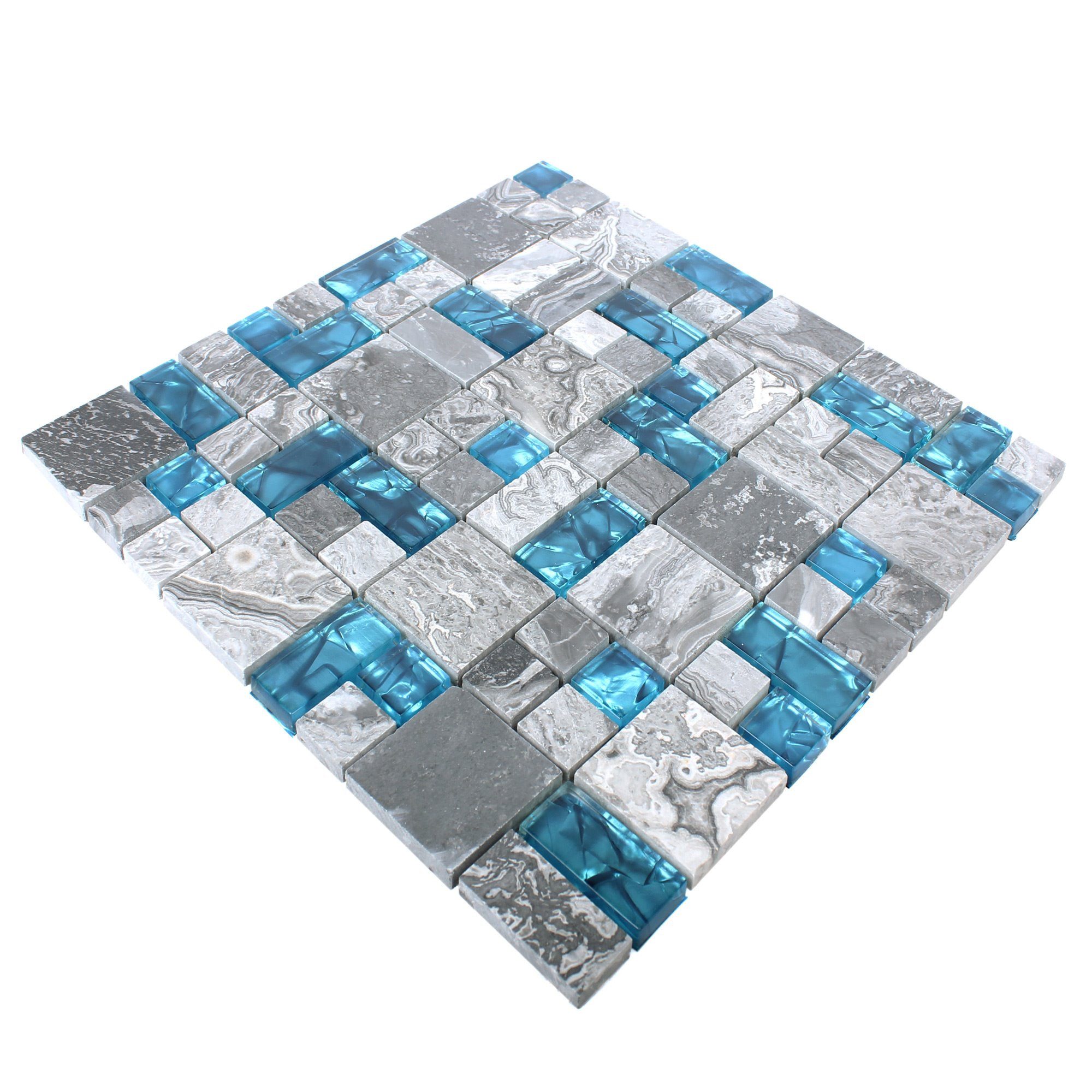Mosafil Mosaikfliesen Glas Naturstein Mosaik Fliesen Sinop 2 Mix, Naturstein-Glas 30.000x30.000, grau-blau, Verlegefertig auf ein Netz geklebt - Wasserfest