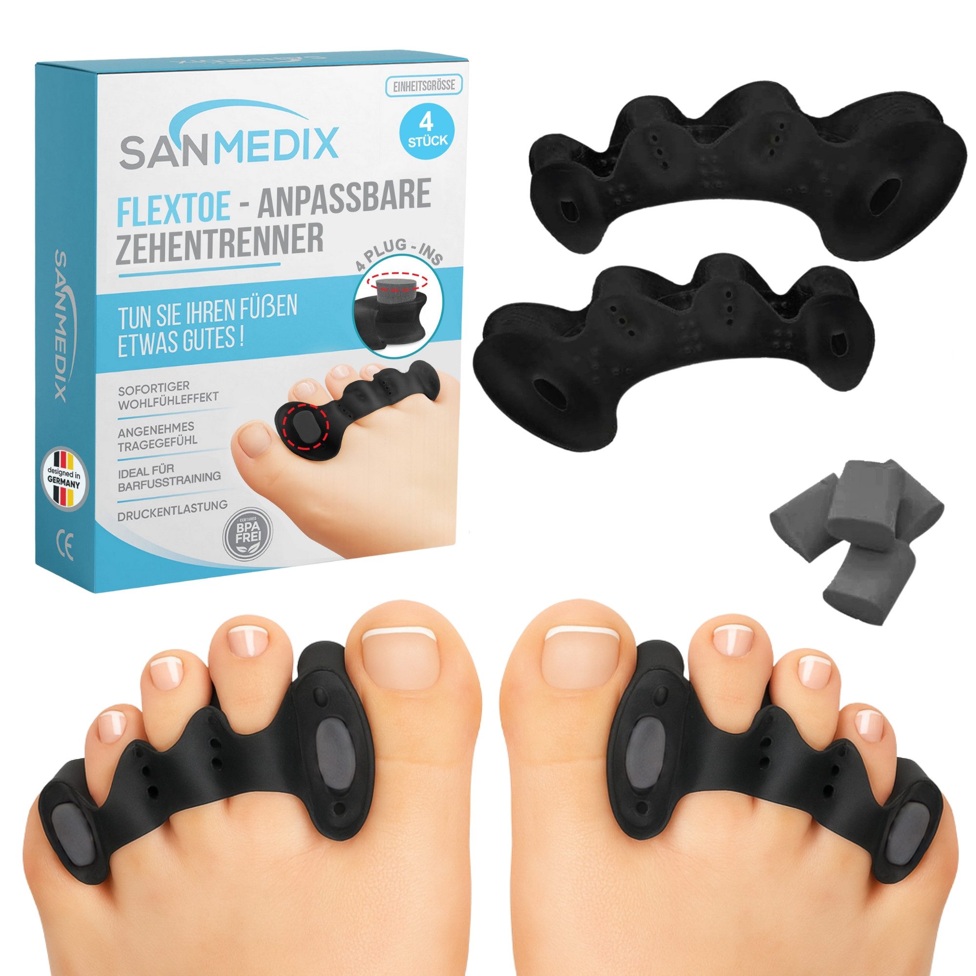 Sanmedix Zehenspreizer für alle Zehen - mit Plug-In System aus Silikon für Damen & Herren, 2 Paar (4 Stück + 4 Plug-Ins), Zehenstrecker Korrektur Set gegen Hallux Valgus, Ballenzehen uvm.