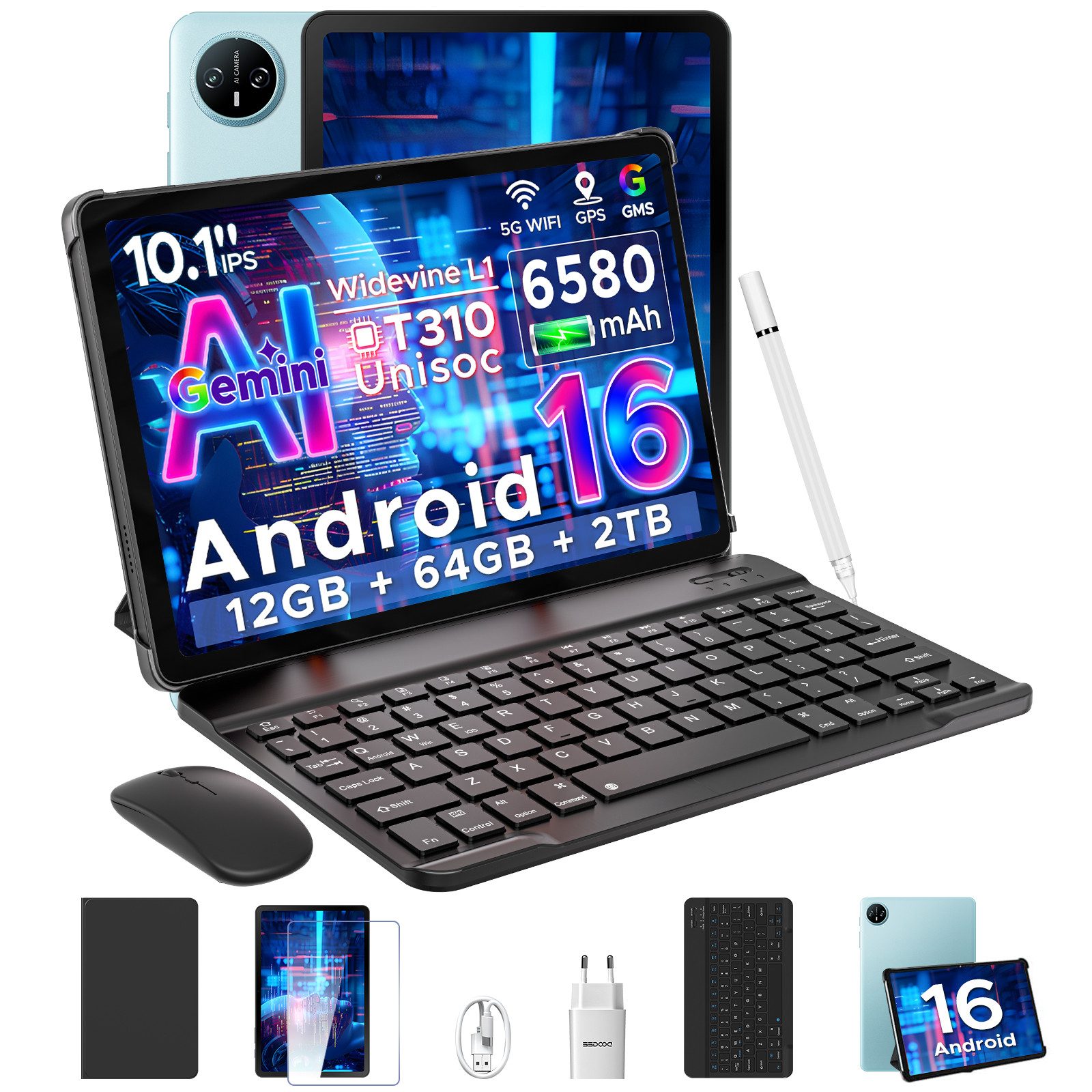 DOOGEE TAB A9 Tablet 10 Zoll, Android Tablet, 64GB ROM (TF 2TB), 5G WiFi Tablet (10.1", 64 GB, Android 16, Wifi, Android 16, Tablet mit Tastatur/Stift/Maus/Hülle, Face ID)