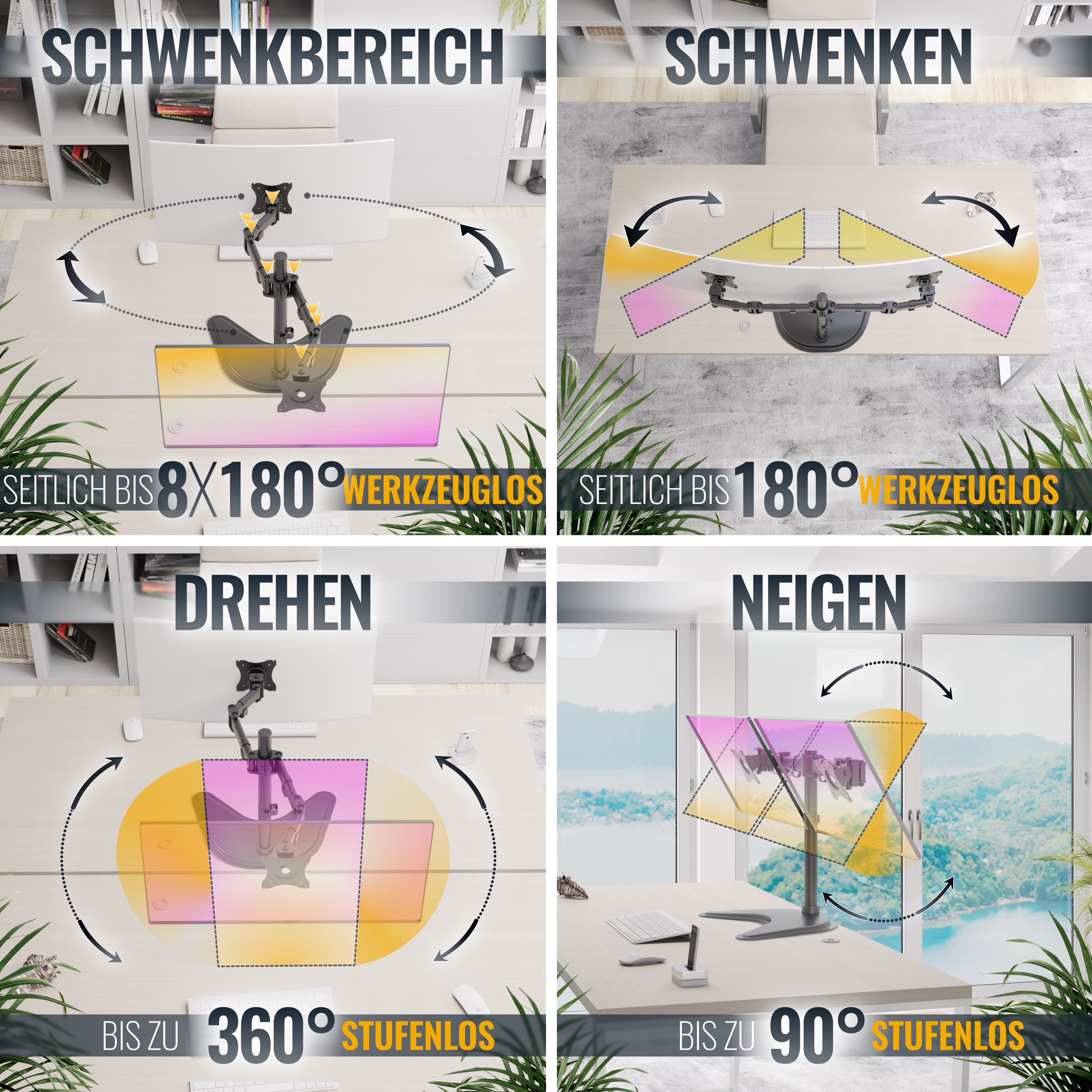 RICOO Monitor-Halterung 2 Monitore Tischhalterung neigbar schwenkbar TS5311, (bis 27 Zoll, VESA 75x75 und 100x100, 1-tlg., 8 kg Belastbarkeit, von 33-68 cm (13"-27) Bildschirm-Diagonale, neigbar +/-45°, schwenkbar bis 180°, drehbar 360° Dual Monitorständer)