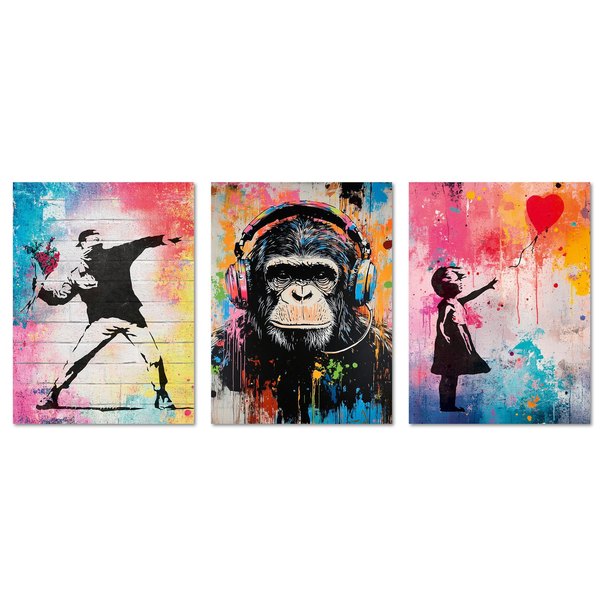 ARTFAVES Bilder-Collage Poster Set Colorful Banksy I mehrteilige Bilderwand I Wandbilder Stree, (Wandbilder modern, 3 St)