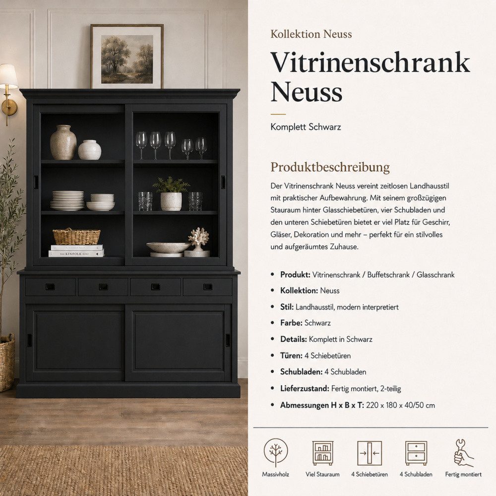 Wohnpalast Vitrine Vitrinen Schrank Neuss 180 cm schwarz - Vitrine mit Schiebetüren