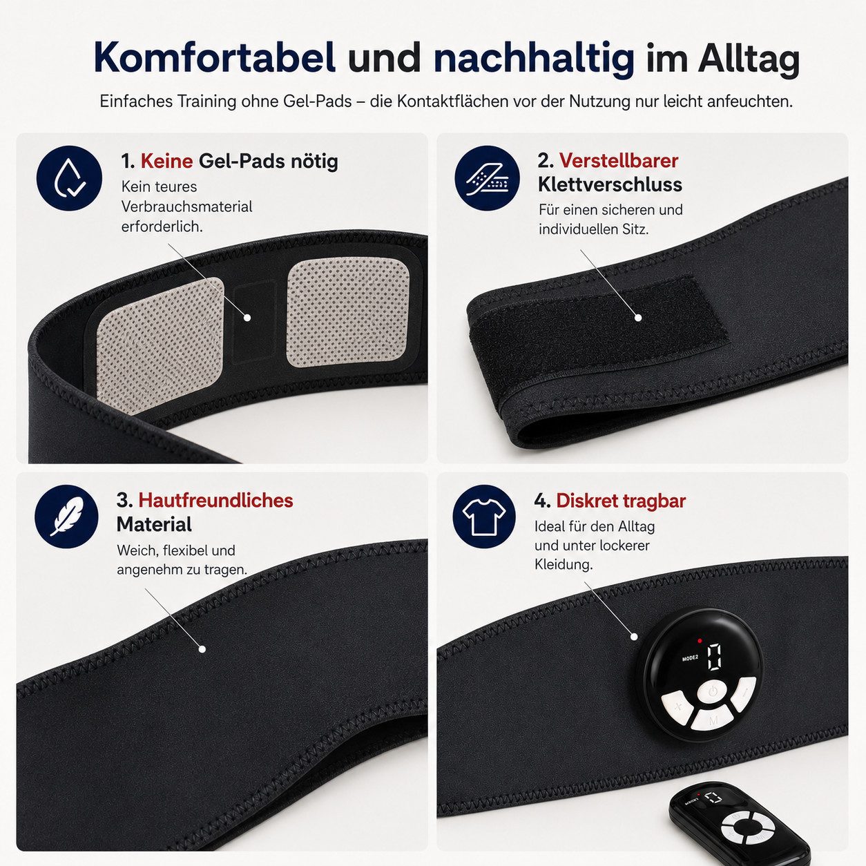 Tekoo EMS-Bauchmuskeltrainer mit Wärmefunktion, EMS Fitnessgürtel mit Heizung, Akku Bauchtrainer, (Bauchtrainer-Set, 3-teiliges Set), EMS mit 3-Stufen Wärmefunktion, Nutzung ohne Gel-Pads möglich