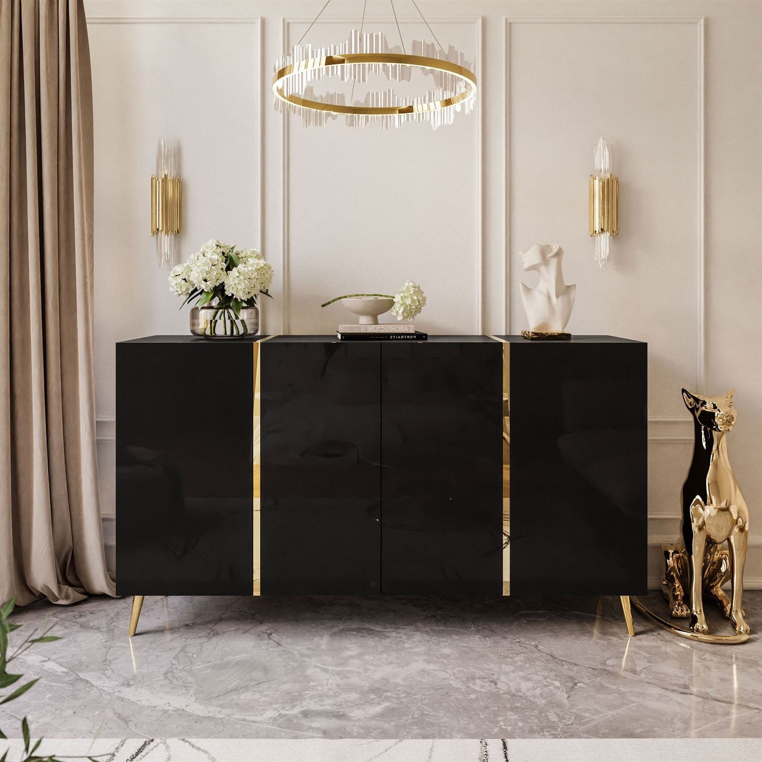 ALLHOUSE24 Kommode DIAMANT GOLD schwarz oder weiß Glanz goldene Metallfüße Sideboard (1x Kommode), Breite 158 cm