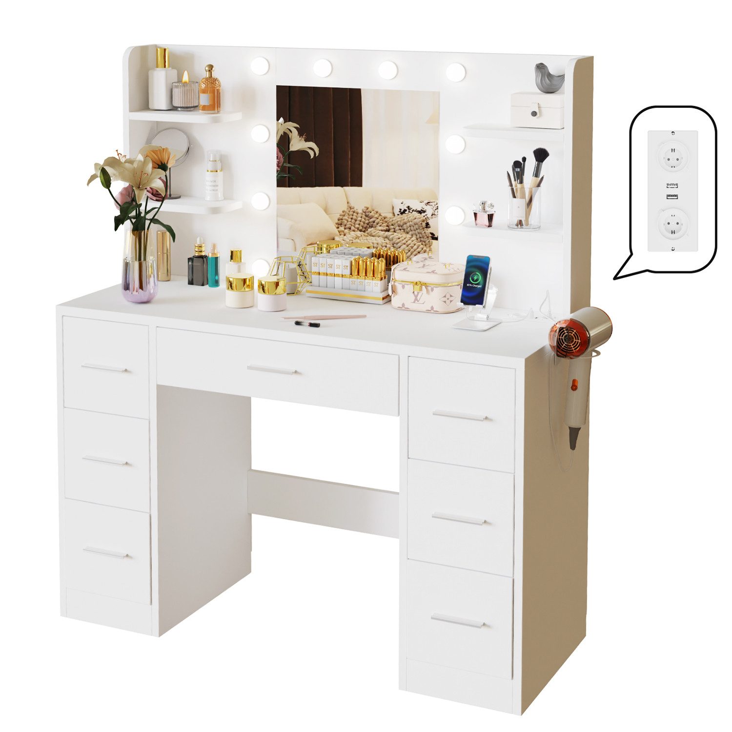 Furnicopia Schminktisch 110*40*137CM Frisiertisch mit 2 SUB 2 Steckdosen (M günstig online kaufen