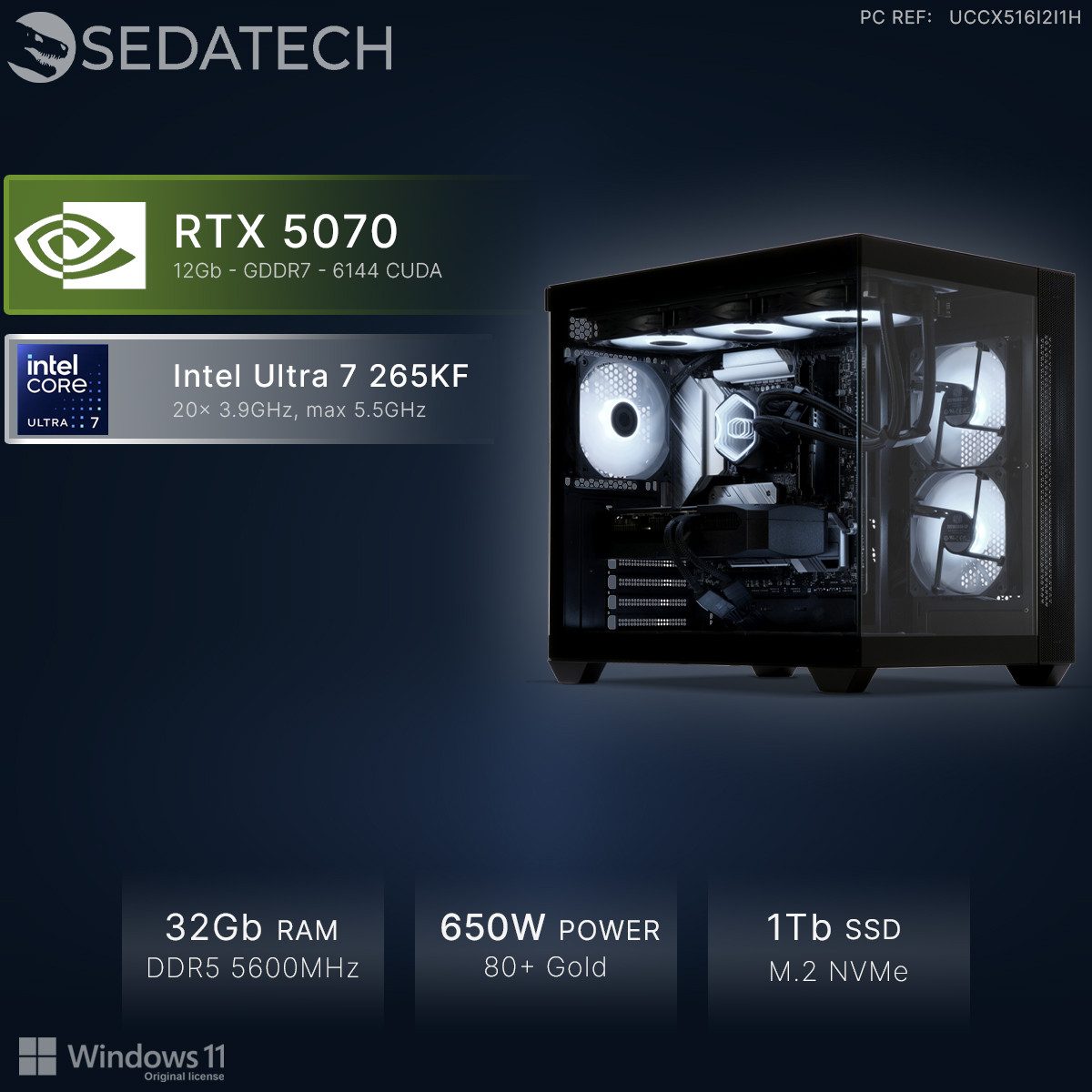 Sedatech UCCX516I2I1HF - Watercooling Gaming-PC (Intel Intel Core Ultra 7 Intel Core Ultra 7 265KF 20x 3.9GHz (max 5.5GHz), Geforce RTX5070 12GB, 32 GB RAM, 1000 GB SSD, Watercooling, Wlan 6E)