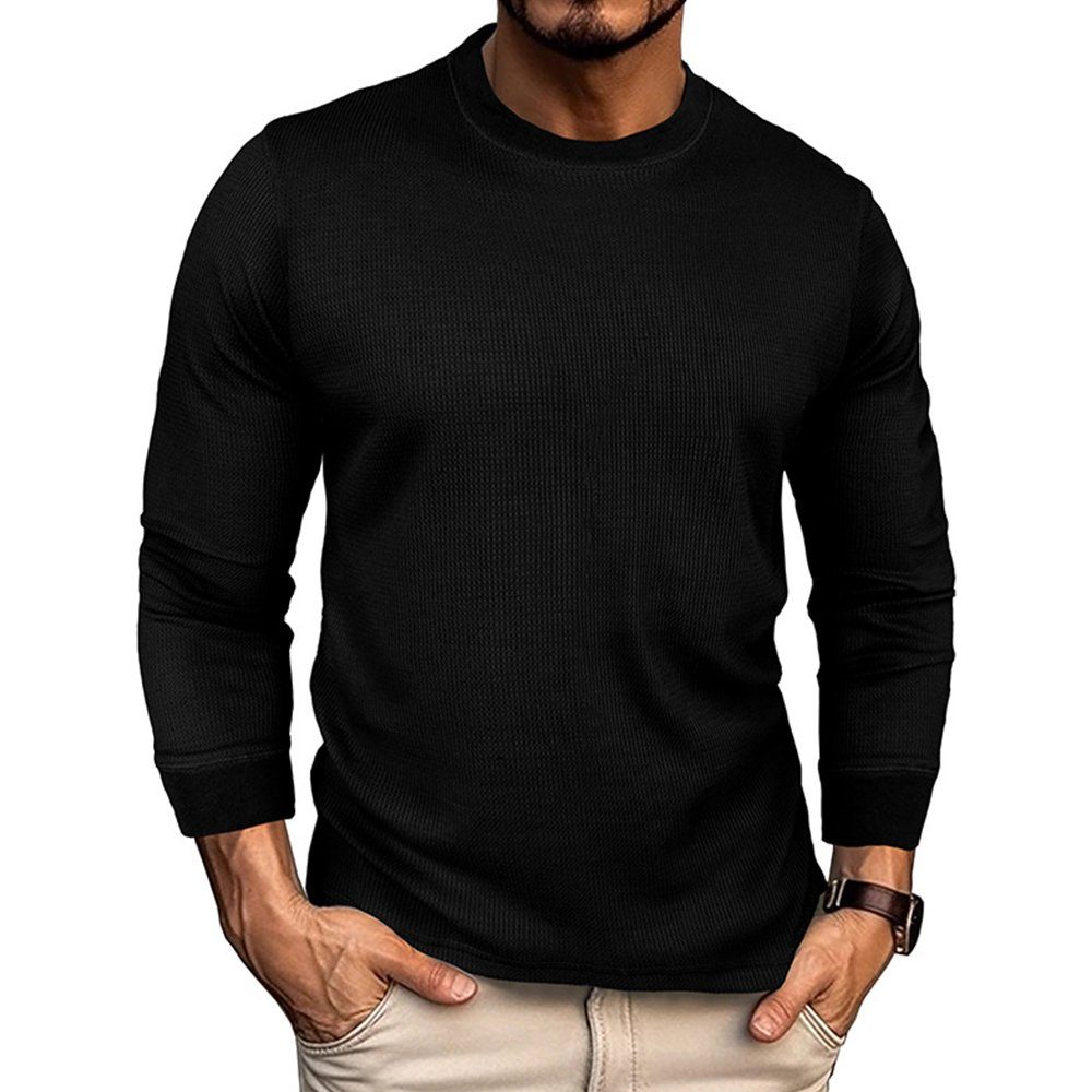 passend zum T-Shirt Pullover Slim-fit Herren Lapastyle S-2XL Langarm Oberteil Jumper Rundhalsshirt, Basic Tops Waffel Langarmshirt Schwarz Sweatshirt Freizeitstilen