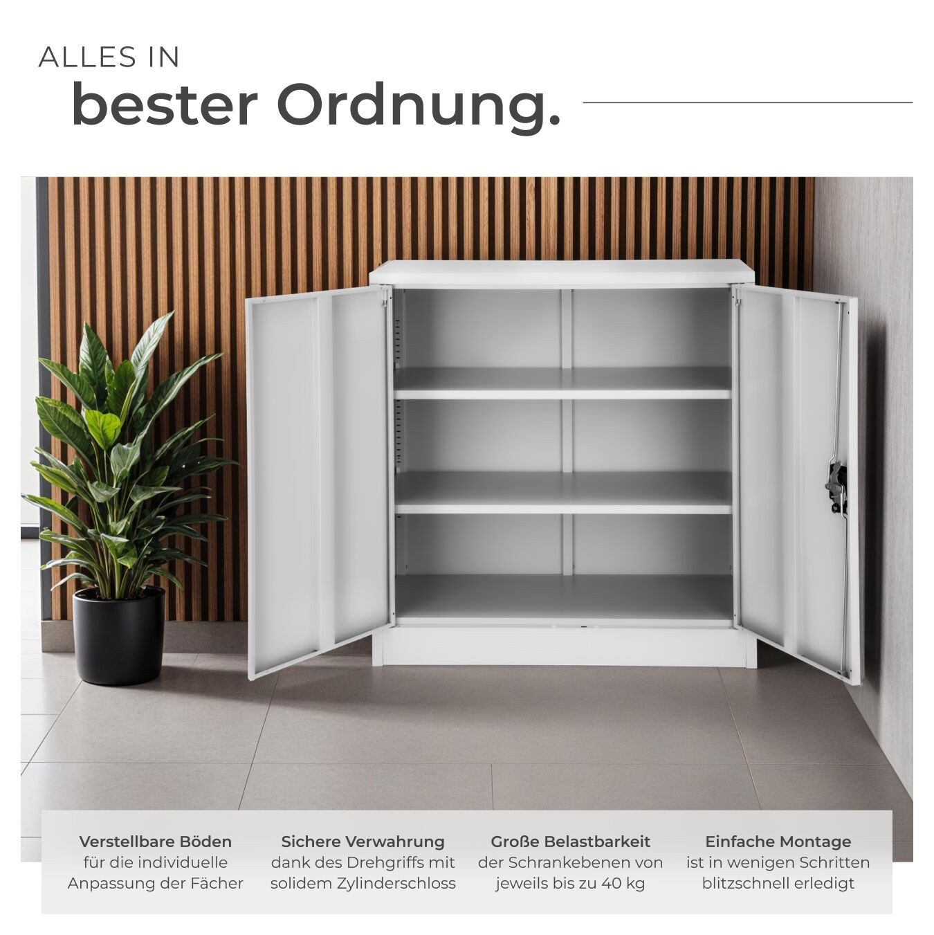 tectake Aktenschrank abschließbarer Büroschrank mit drei höhenverstellbaren Böden (Ablageschrank, 1-St., in Grad) pulverbeschichteter Stahl, Sicherheits-Zylinderschloss