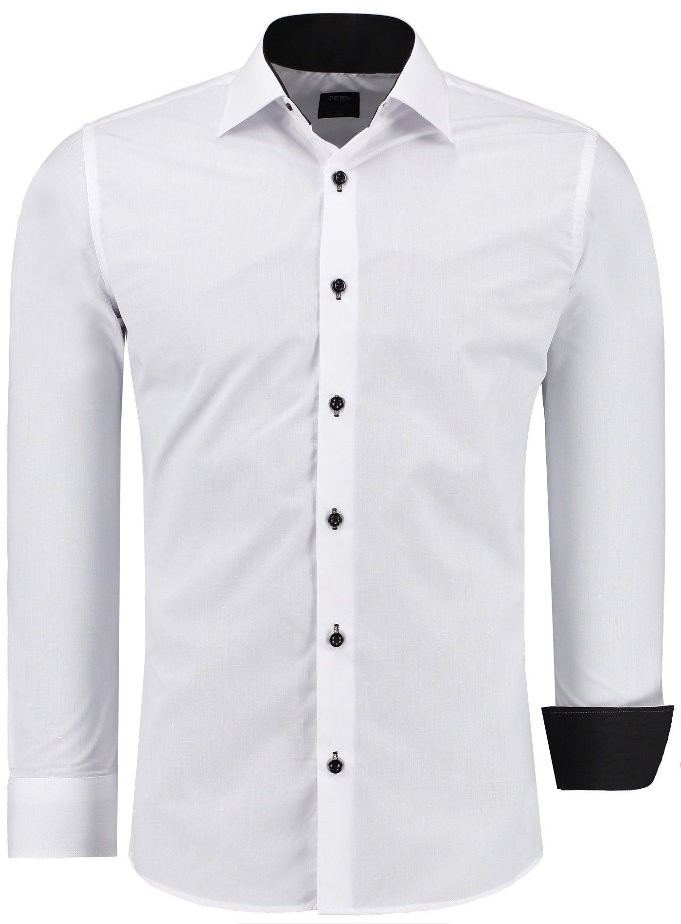 JEEL Businesshemd JH12105 Slim Fit Langarm Herren Hemd mit farblich abgesetzten Elementen, Langarm Kentkragen Uni Weiß/Schwarz