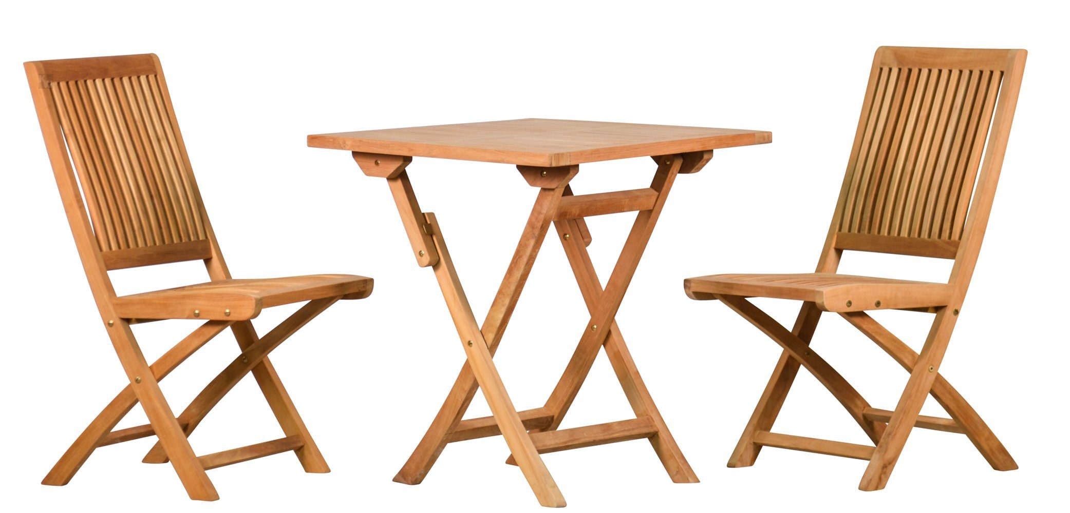 Kai Wiechmann Balkonset Exklusive Teak Sitzgruppe aus 2 Klappstühlen + 1 Klapptisch 70 x 70 cm, (3-tlg., 2 Klappstühle, 1 Balkontisch), edles Set aus Teak-Gartenmöbeln mit Klappfunktion
