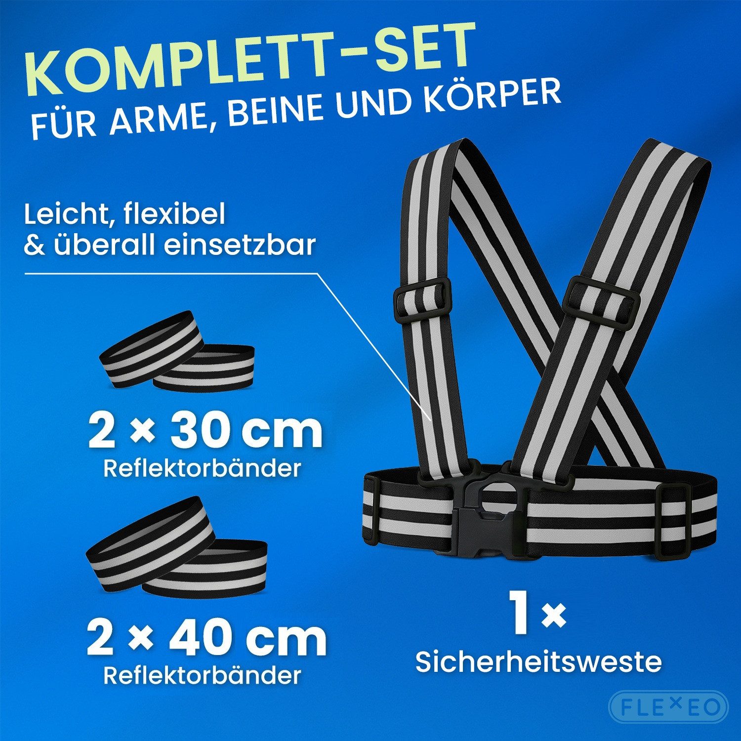 FLEXEO Reflektorband Warnweste und 4 Reflektorbänder, (1 St), verstellbare Signalkleidung für Joggen Radfahren Wandern, schwarz