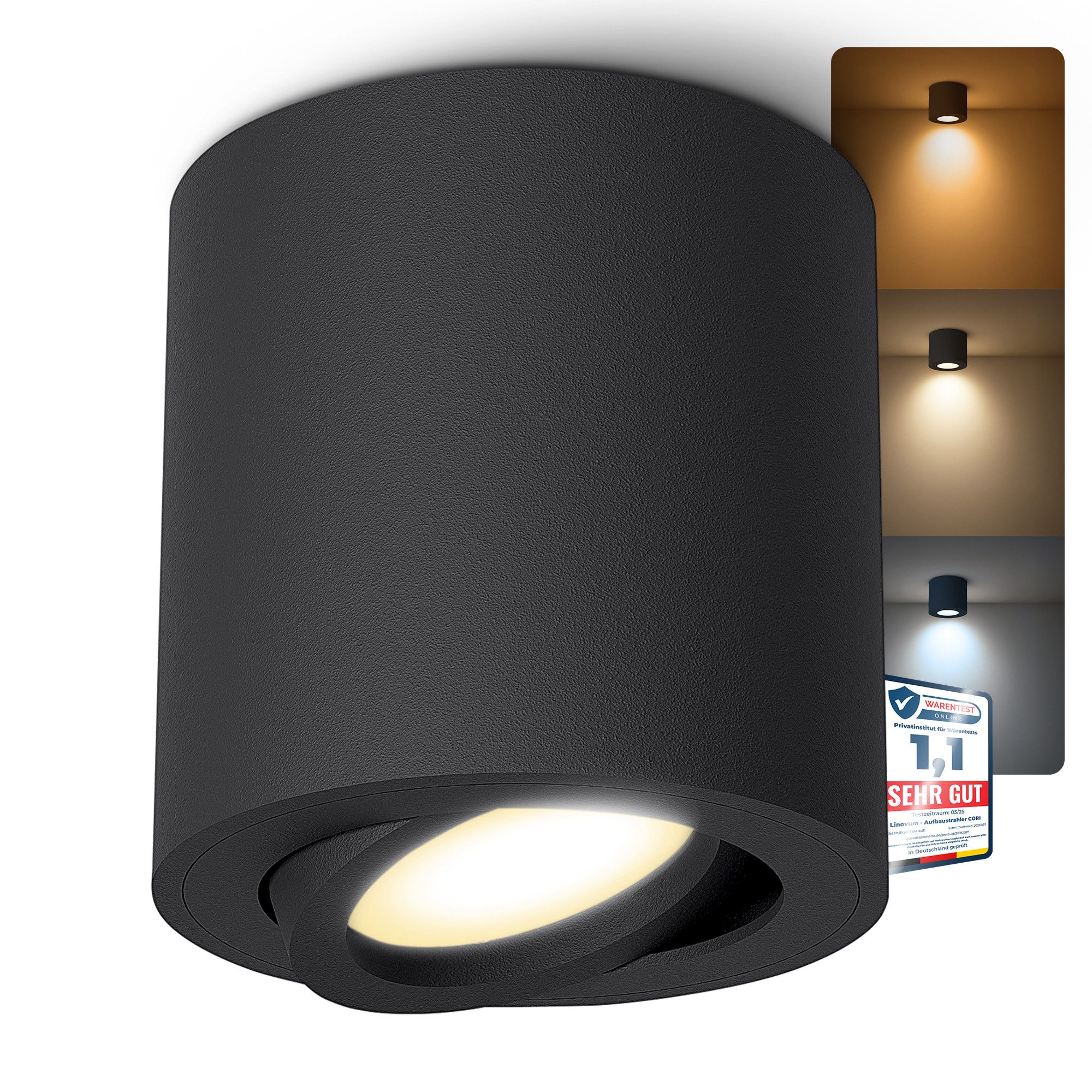 linovum LED Aufbaustrahler Aufbauspot dimmbar matt schwarz & schwenkbar mit LED GU10 in 3 Farben, Tageslichtweiß, Warmweiß, Neutralweiß