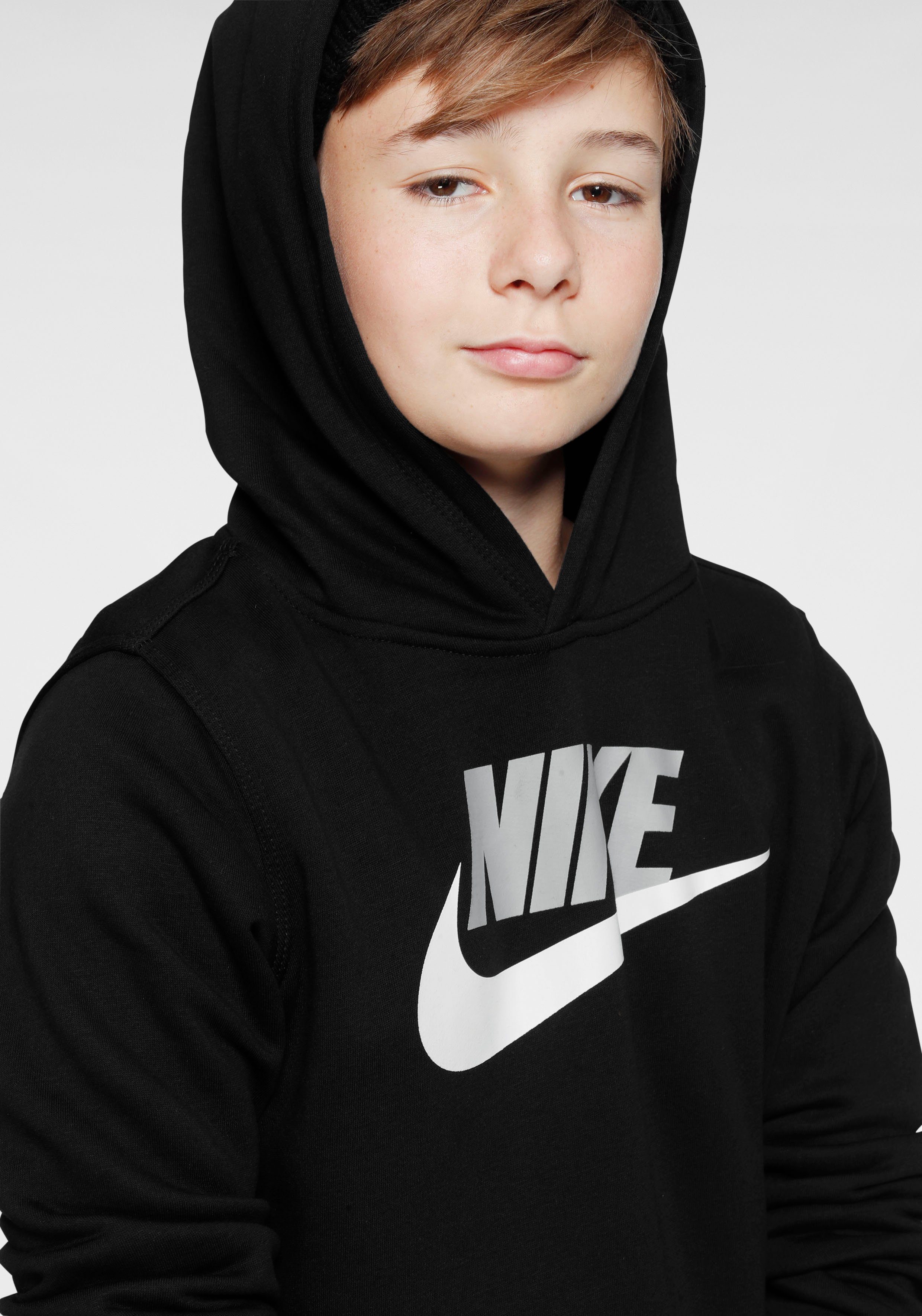 Big schwarz Nike Club Sportswear Fleece Kids' Pullover Kapuzensweatshirt Hoodie