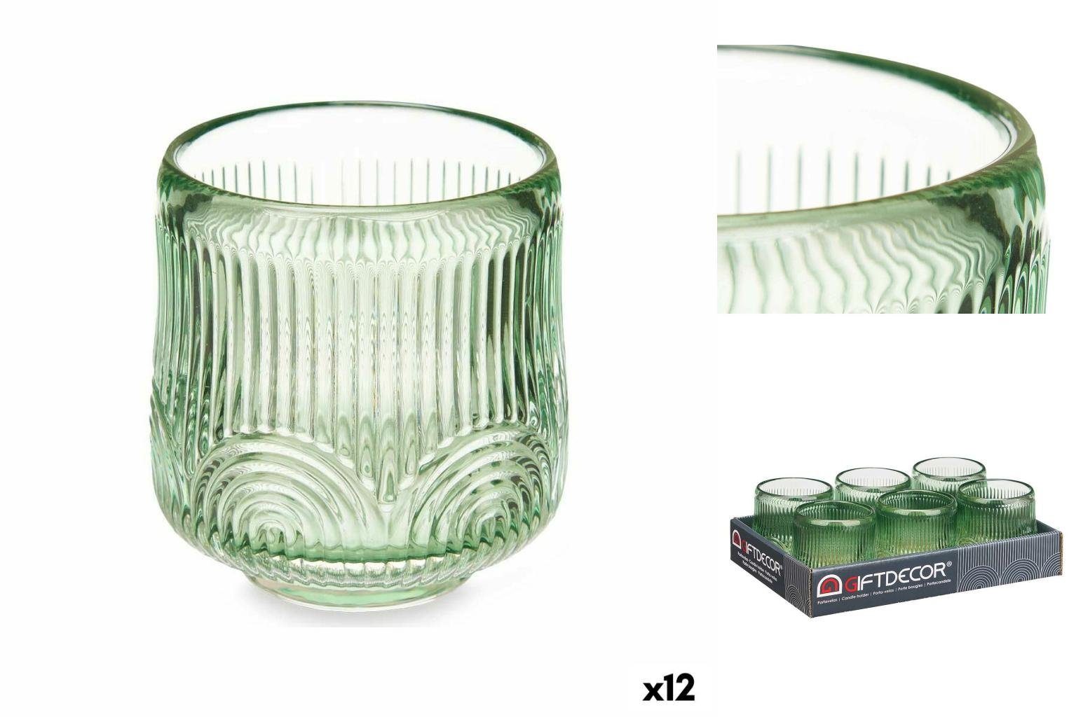 Gift Decor Windlicht Kerzenschale Streifen grün Glas 7,5 x 7,8 x 7,5 cm 12 Stück
