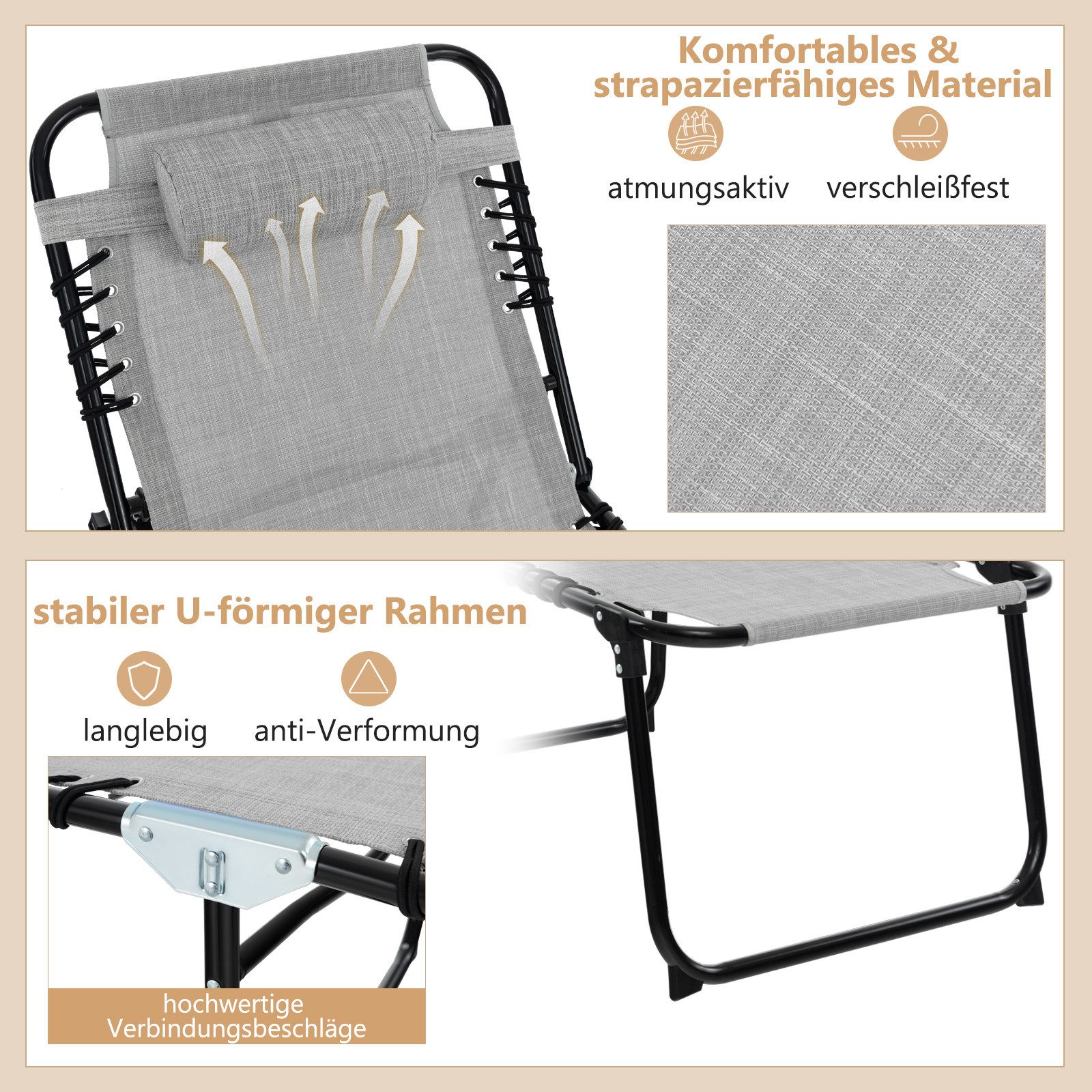 COSTWAY Gartenliege Liegestuhl, 4-Fach verstellbar, klappbar, mit Kopfkissen