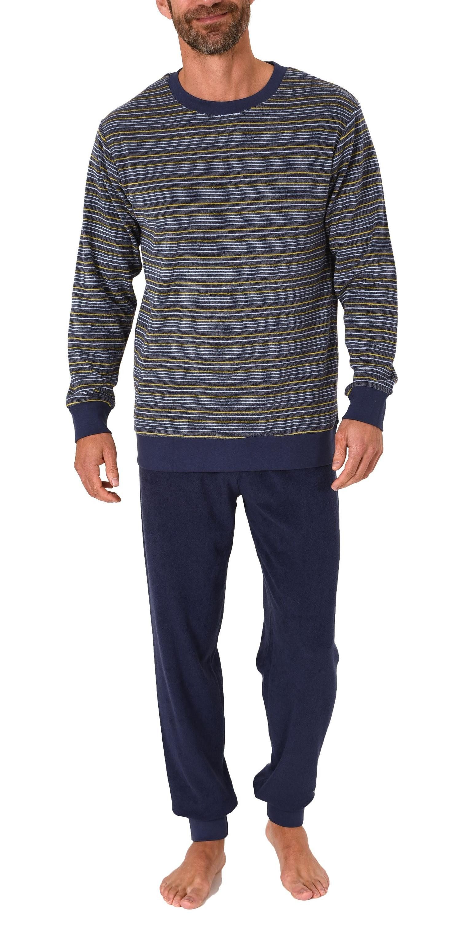 Normann Pyjama Herren Frottee Schlafanzug lang, Pyjama mit feinem Ringel-Muster