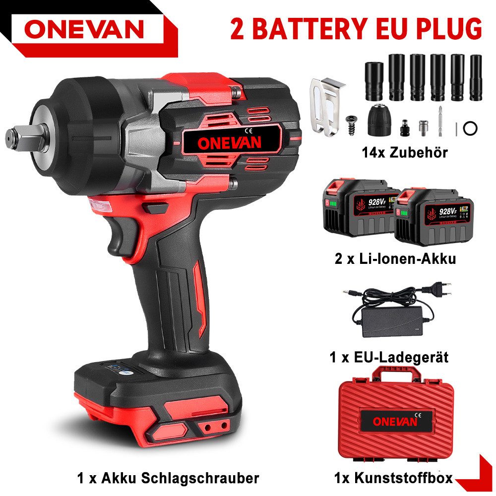 ONEVAN Akku-Schlagschrauber 21V Akkuschrauber Set, 2800Nm Bürstenloser, 8000 U/min, 2800 Nm, (mit 2 x 4,5Ah Akku & 14x Zubehör), Hohes Drehmoment Schlagschrauber, für Auto, Baustelle & Heimwerken