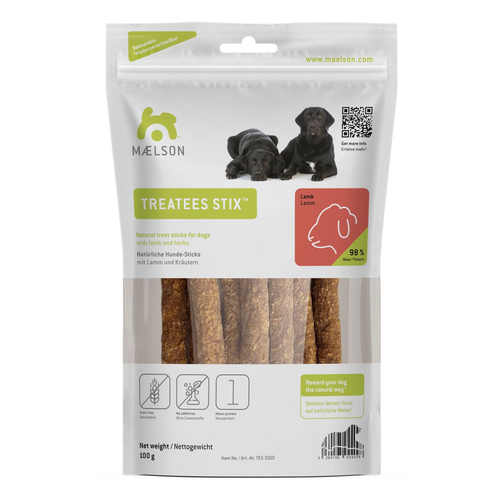 MAELSON Treatees Stix Lamm Hundesnack, 100 g, die gesunde Belohnung!, Snack für: Hund
