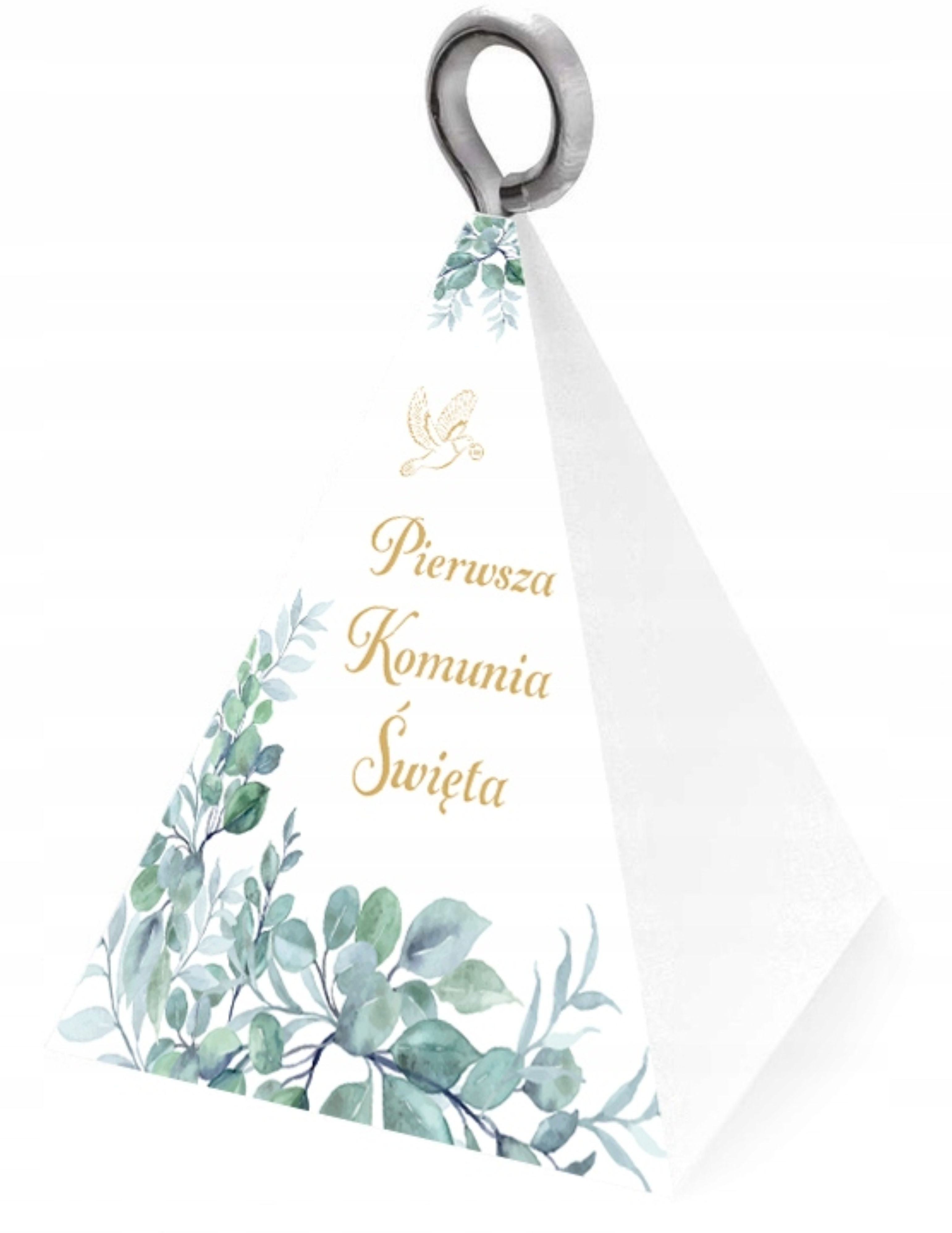 PartyPro Kommunionskarte Ballonbeschwerer zur Heiligen Erstkommunion mit Eukalyptusblatt-Motiv.