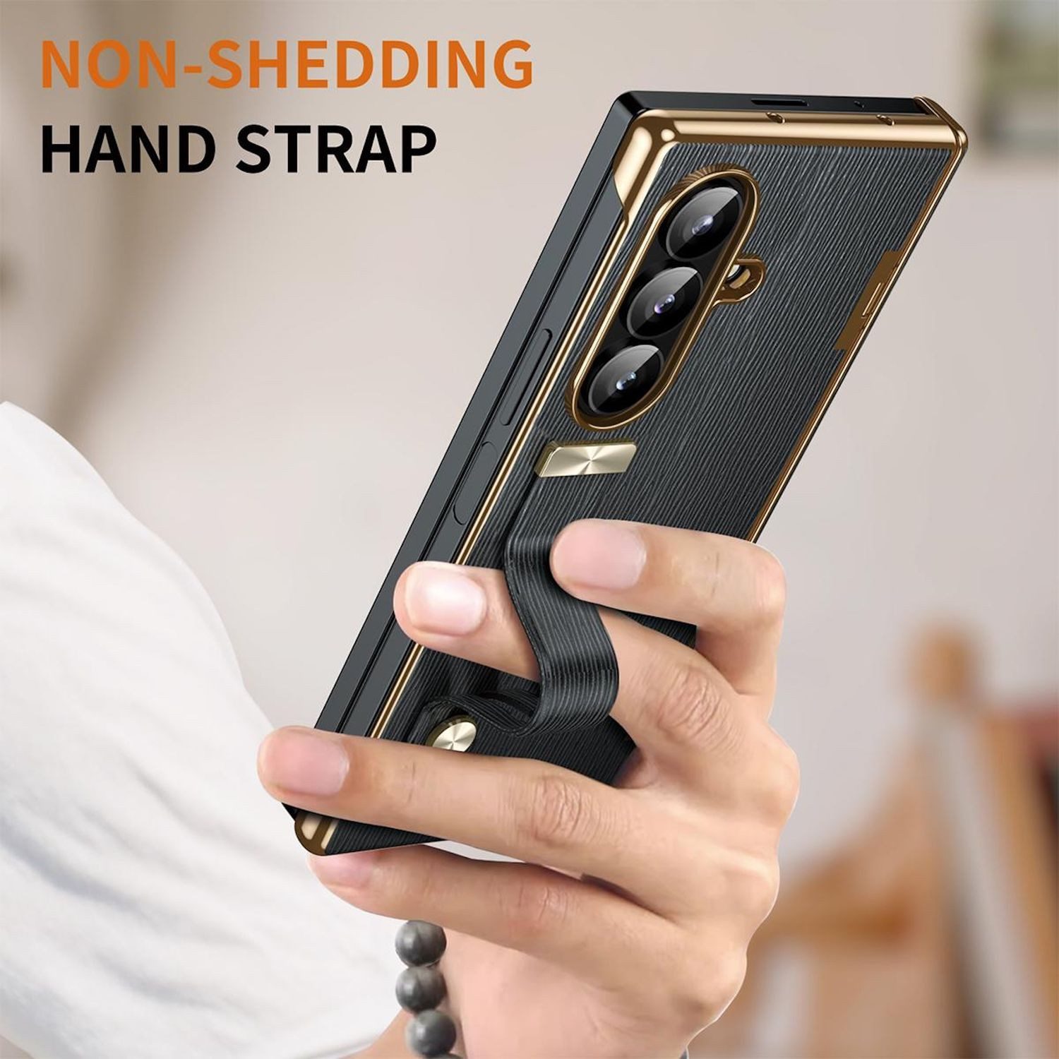 Wigento Handyhülle Für Samsung Galaxy Z Fold7 Design Leder Hülle mit Handriemen Schwarz, Leder Hülle mit einziehbarem Handriemen und integriertem Ständer