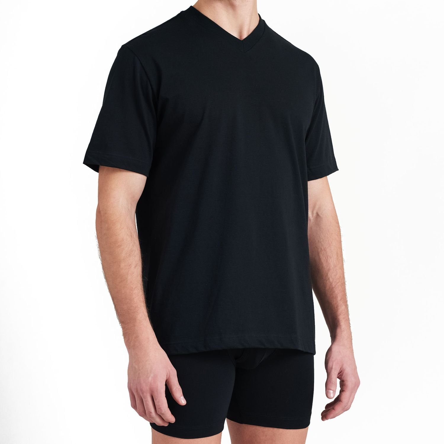 Schiesser T-Shirt Schwarz formstabil, Halsnaht verstärkte mit (2-tlg) V-Ausschnitt,