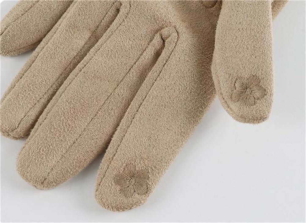 Rouemi Lederhandschuhe kariertem aus Wildleder Plüschhandschuhe warmem, Damenhandschuhe, Khaki