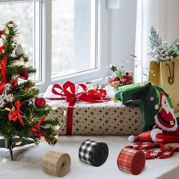 Juoungle Weihnachtsbaumschleife 3 Rollen Weihnachtsband,6 m pro Rolle,gewebter Rand,Gingham-Band