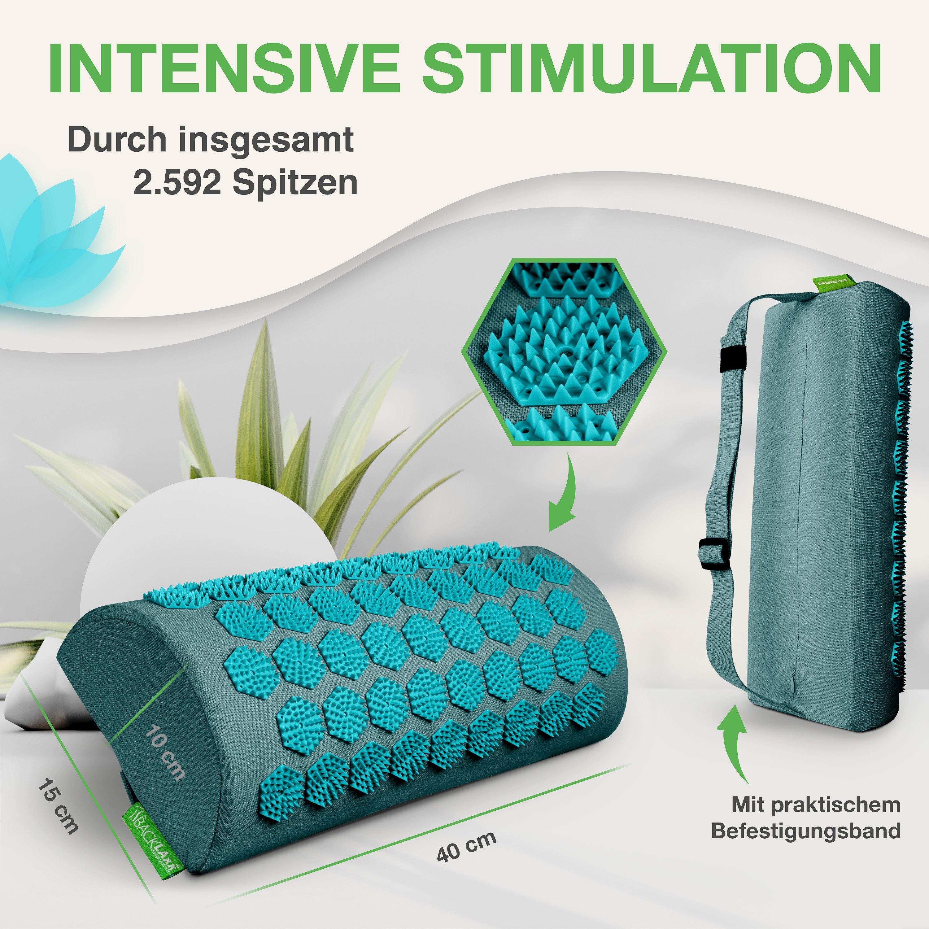 BACKLAxx® Nackenrolle Akupressur Nackenkissen, Akupressur Nackenrolle Set, mit 2592 Spitzen inkl. Videoguide, mit Befestigungsband für Büro Reise