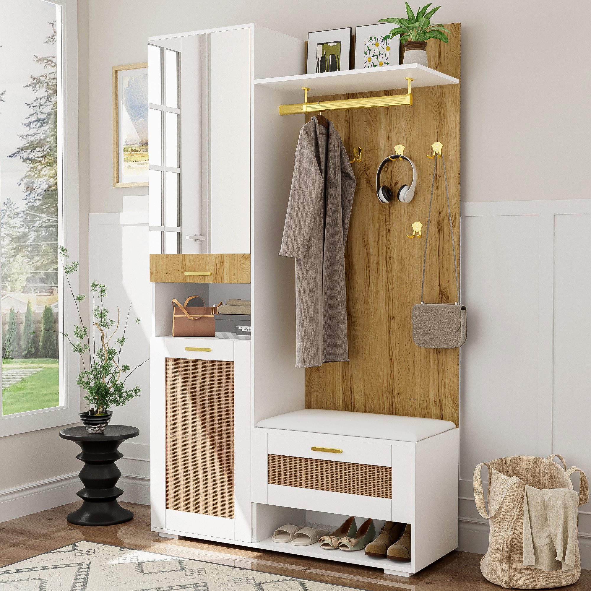 Garderoben-Set Kleiderschrank-Set mit Spiegel 5 goldenen Kleiderhaken16-farbiger LED