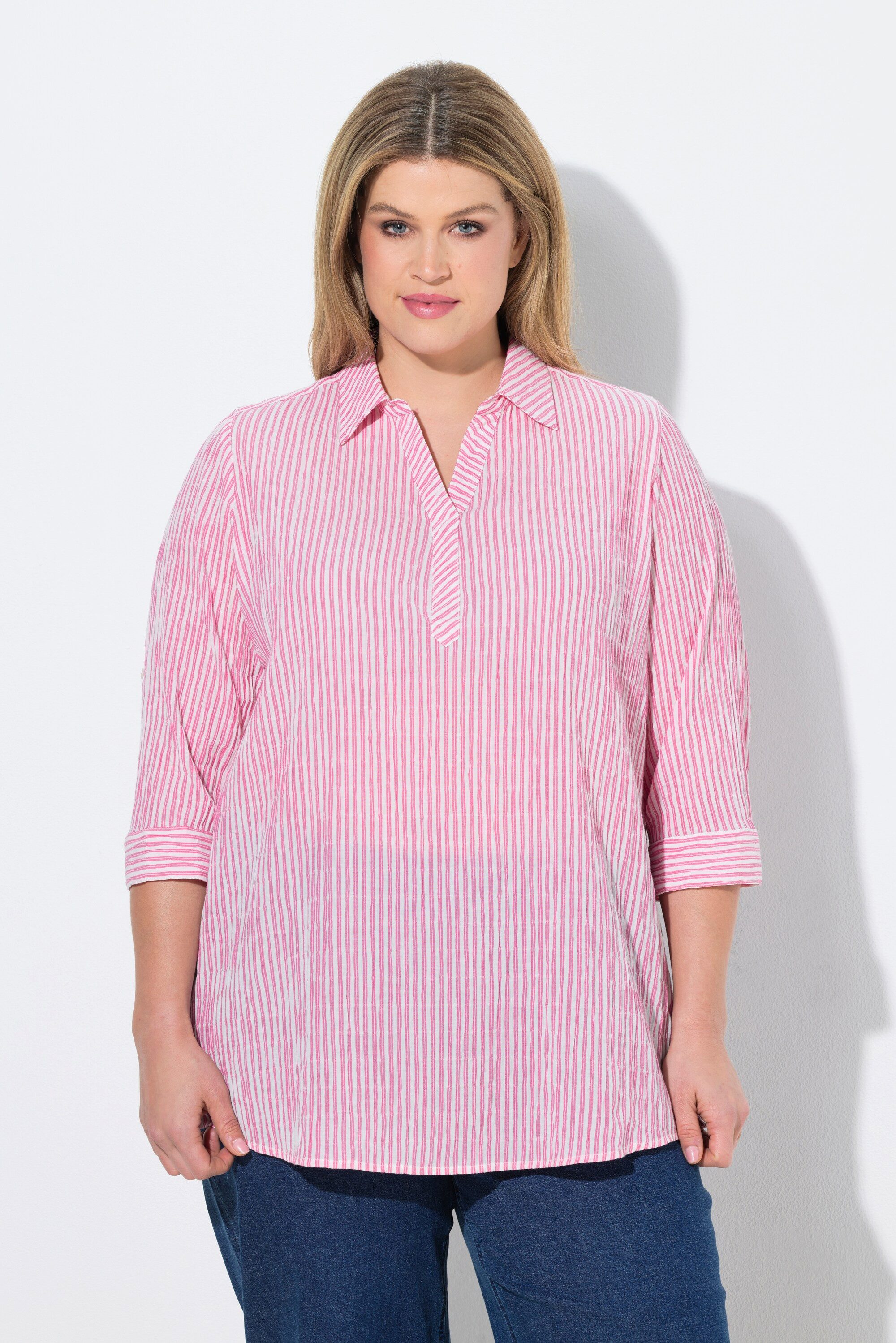 Ulla Popken Satinbluse Bluse Streifen A-Linie Hemdkragen Langarm