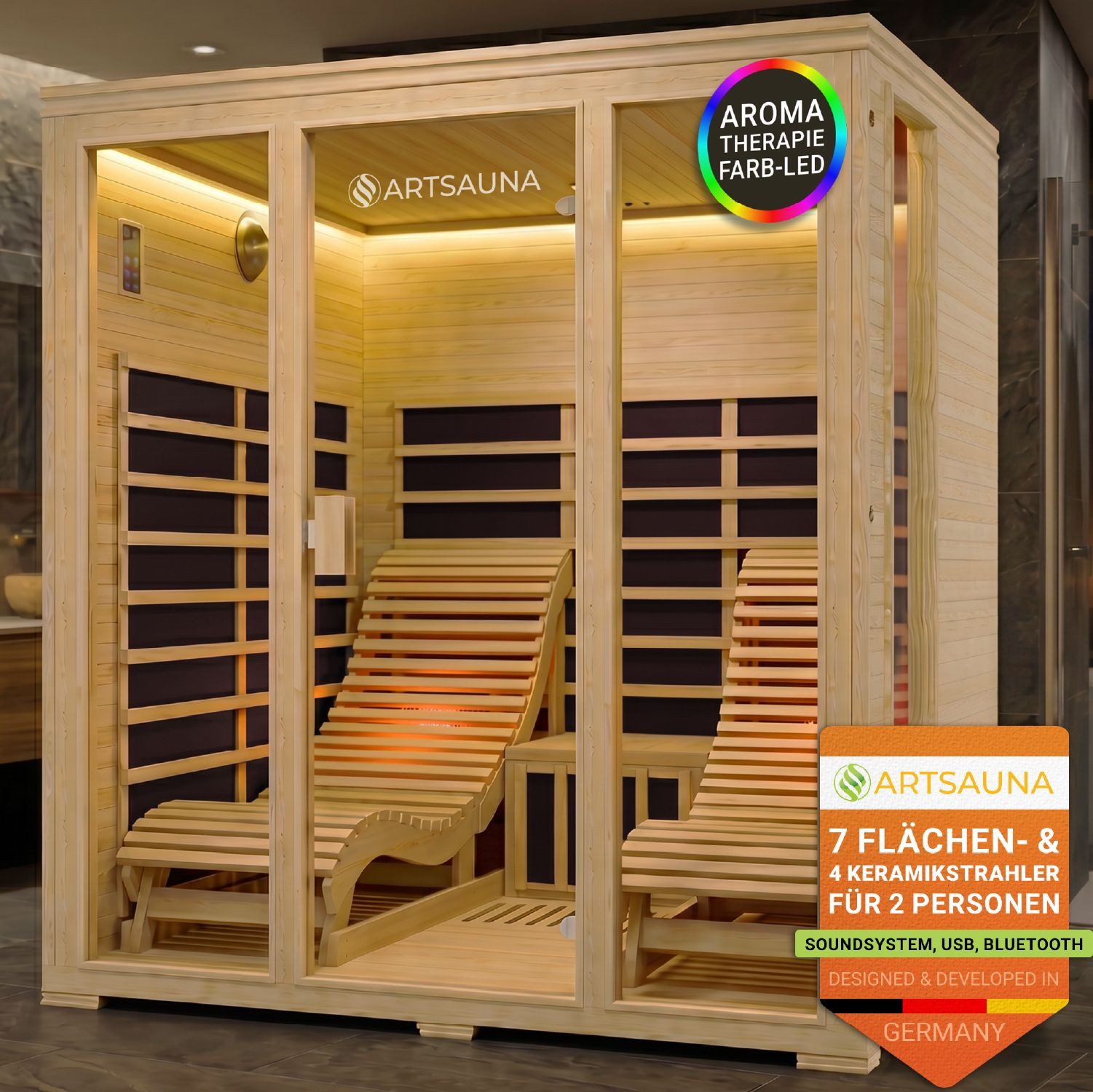 Artsauna Infrarotkabine Billund Dual Technologie, für 2 Personen, Hemlock-Holz, HiFi-System, Ionisator, LED-Farblicht