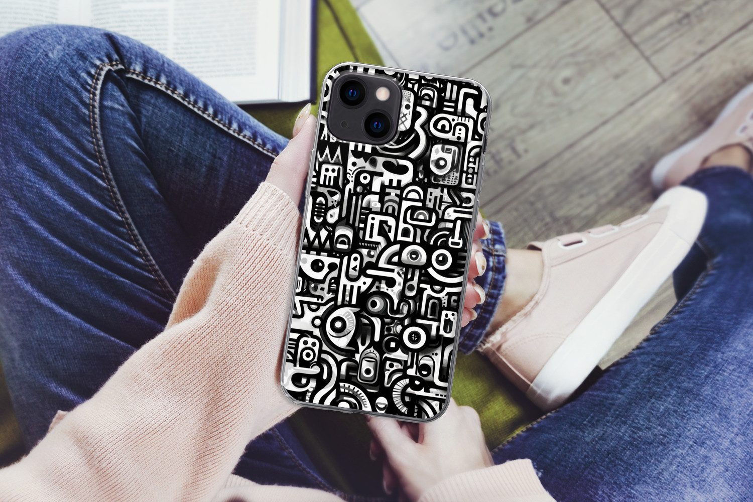 MuchoWow Handyhülle für Apple iPhone 13 Symbole - Abstrakt - Grafik - Schwarz, Smartphone-Bumper, Print, Handy Schutzhülle Dünn